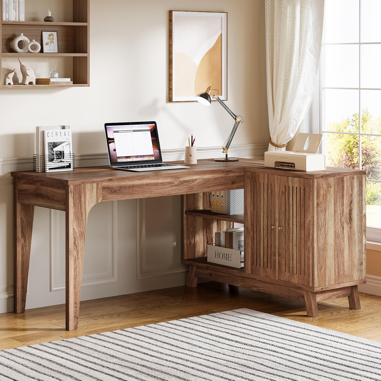 L-Form Schreibtisch - 145 cm Eckschreibtisch mit Schrank in Nussbaum