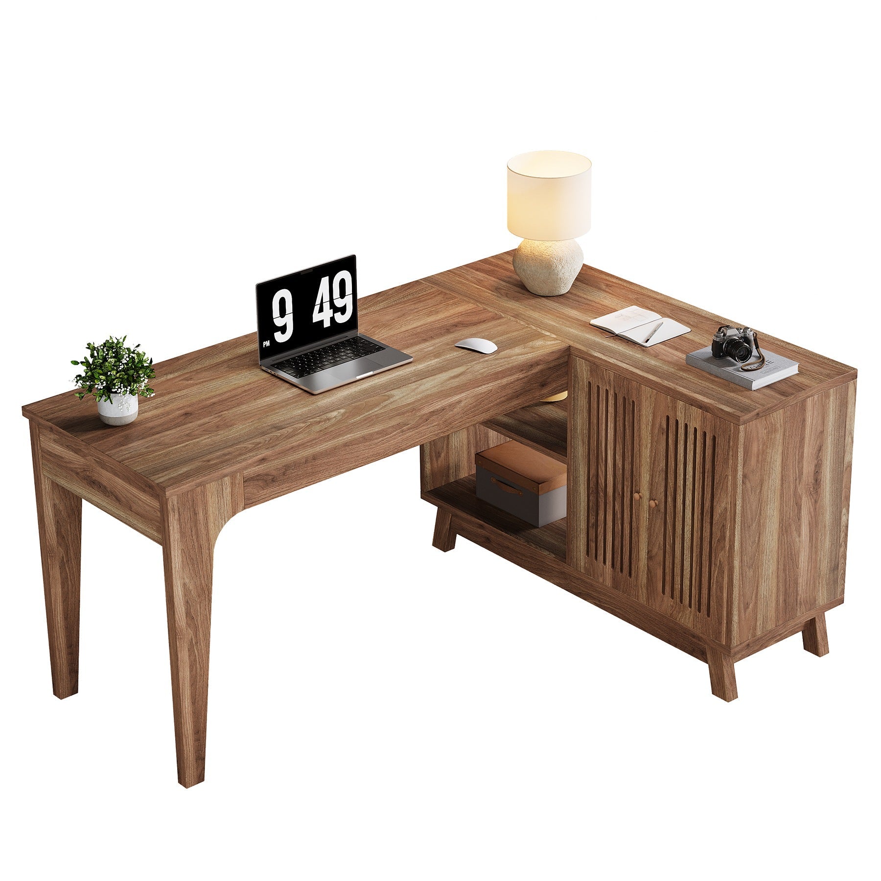 L-Form Schreibtisch - 145 cm Eckschreibtisch mit Schrank in Nussbaum
