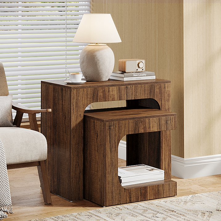 Tribesigns Ensemble de tables d'appoint en forme de C, Table d'appoint en noyer pour petits espaces