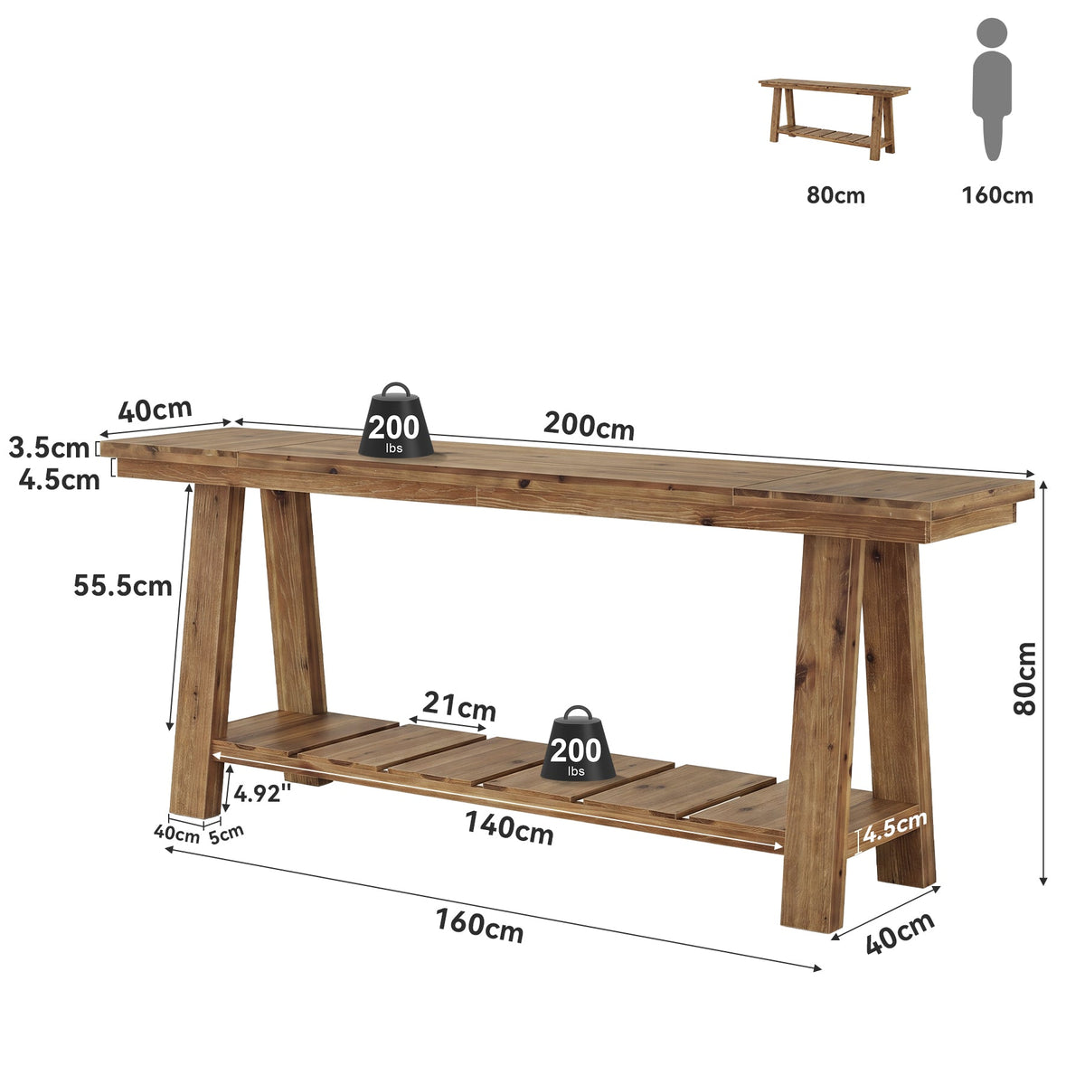 Tribesigns Table console en bois massif de 200 cm, Table d'entrée étroite avec 2 étagères