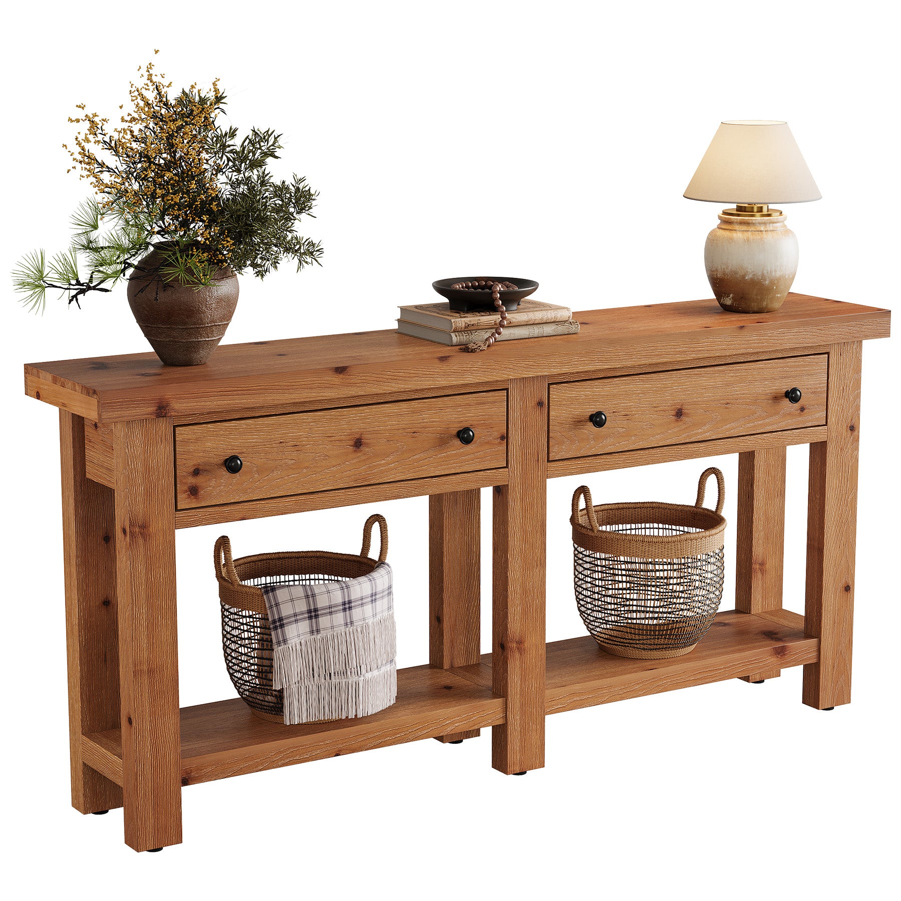Console en bois massif 160 cm de long avec deux tiroirs, Table d'appoint étroite avec étagère, style campagnard