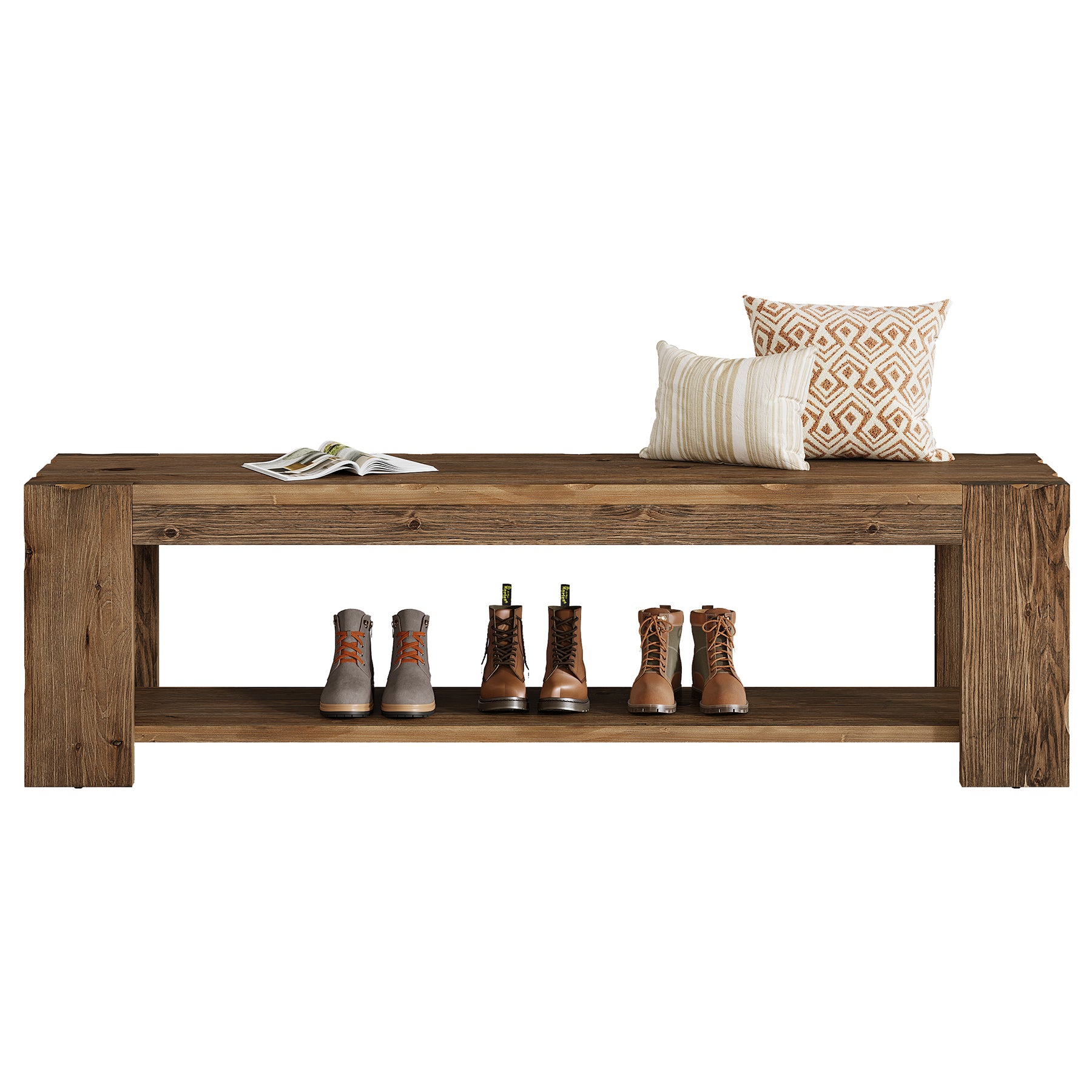 Banc d'entrée en bois massif avec étagère 140 cm, Banc à chaussures à 2 niveaux, idéal pour l'entrée, le couloir, la chambre ou le salon
