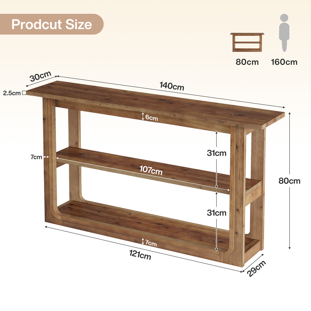 Tribesigns Console à 3 niveaux, Table d'appoint étroite en bois massif pour couloir Table de canapé rustique couleur chêne avec étagères ouvertes pour salon, hall et entrée