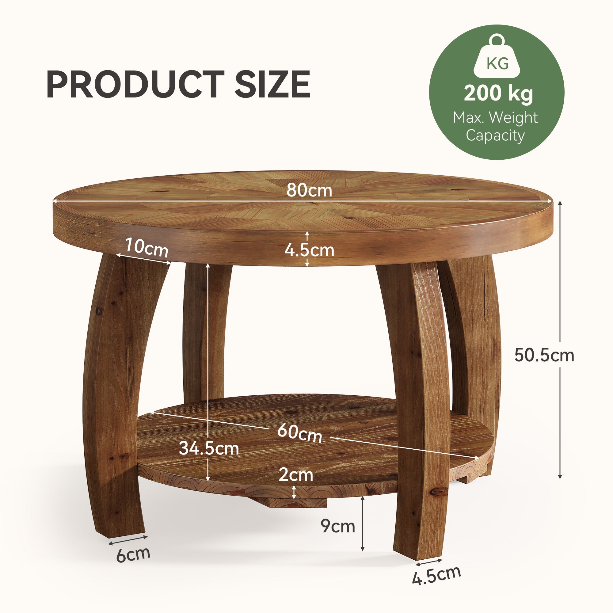 Table basse ronde de 80 cm en bois massif, Table d'appoint à deux niveaux avec motif mosaïque et étagère inférieure