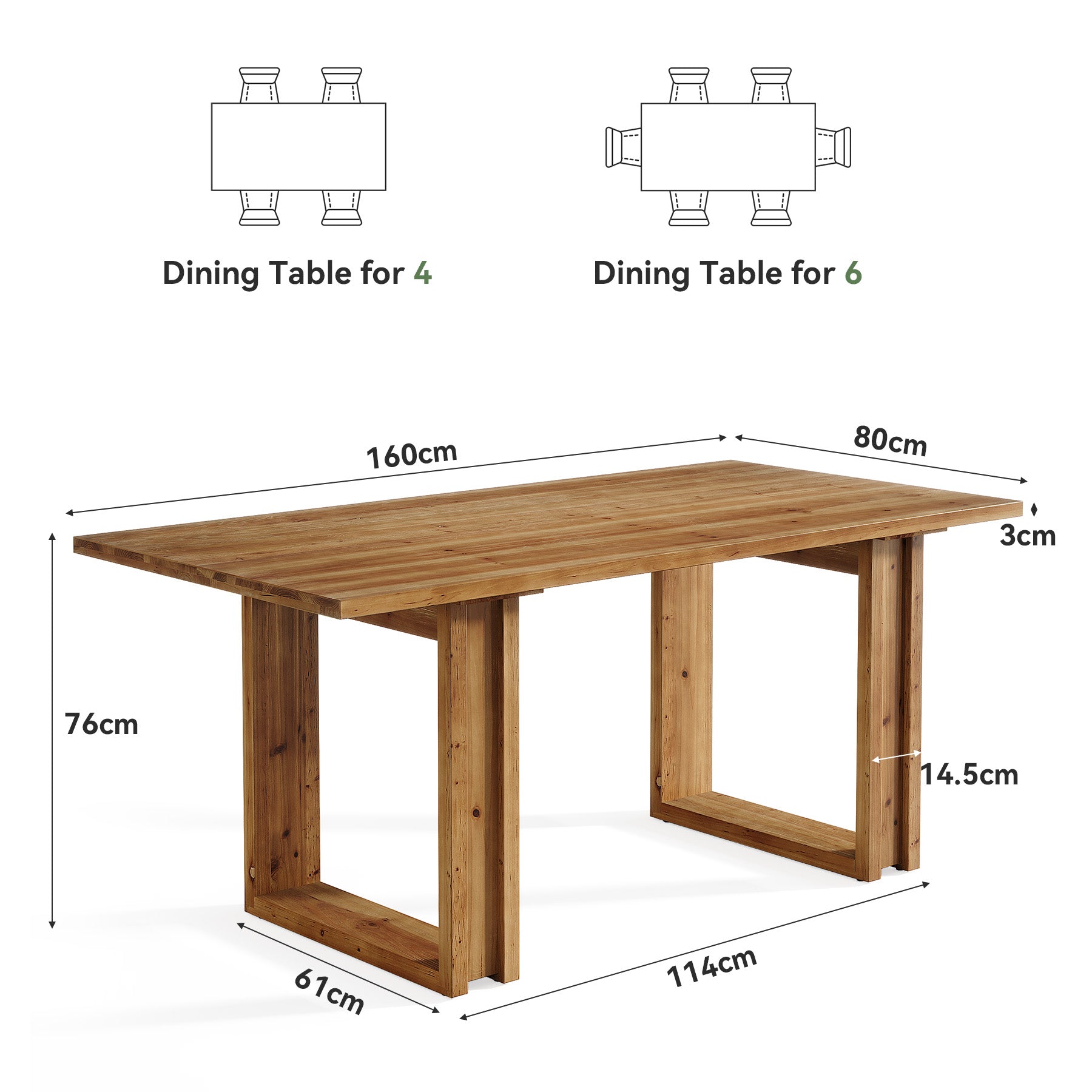 Table de salle à manger en bois massif de 160 cm pour 4 à 6 personnes, Table de cuisine rectangulaire de style champêtre