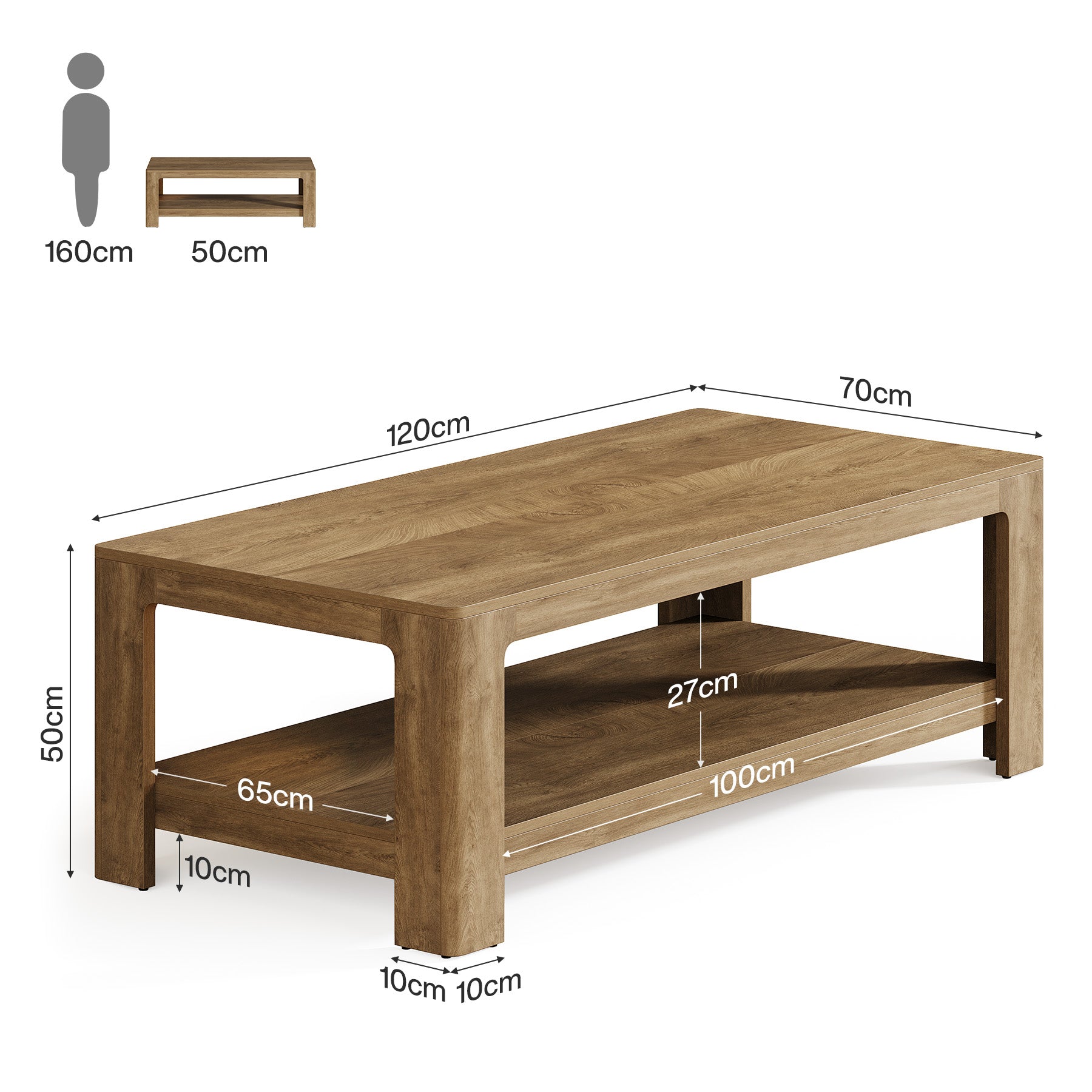 Tribesigns Table basse rectangulaire de 120 cm avec rangement à 2 niveaux, Table centrale en bois pour salon