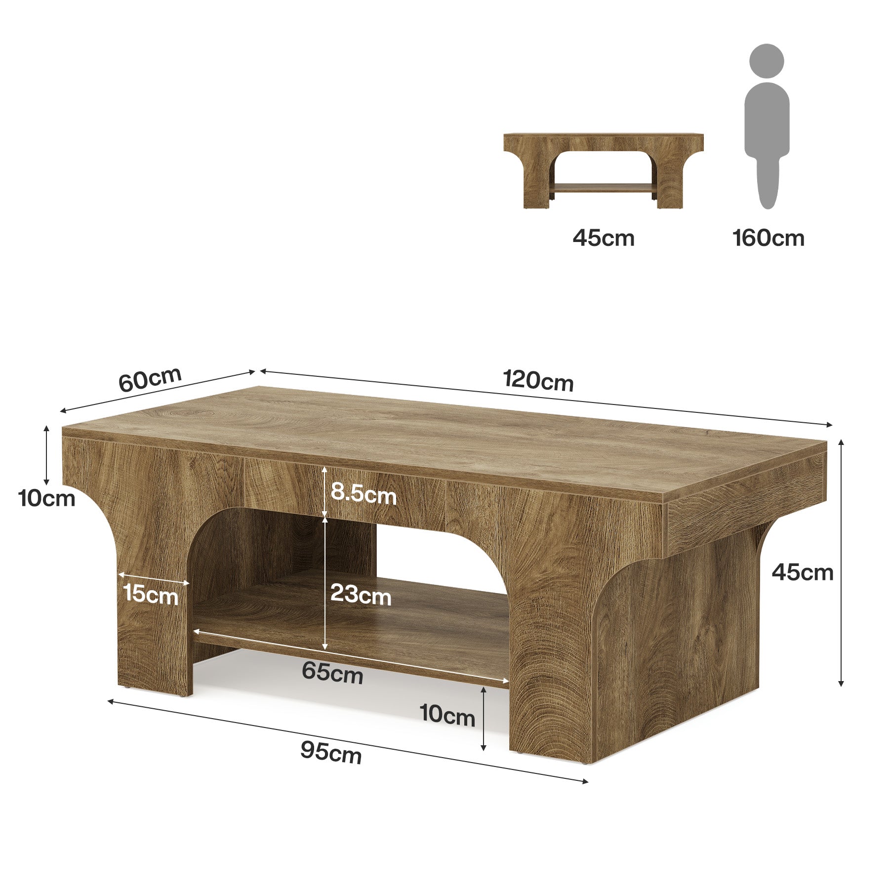 Tribesigns Table basse rectangulaire 120 cm, Table de salon moderne à 2 niveaux avec rangement