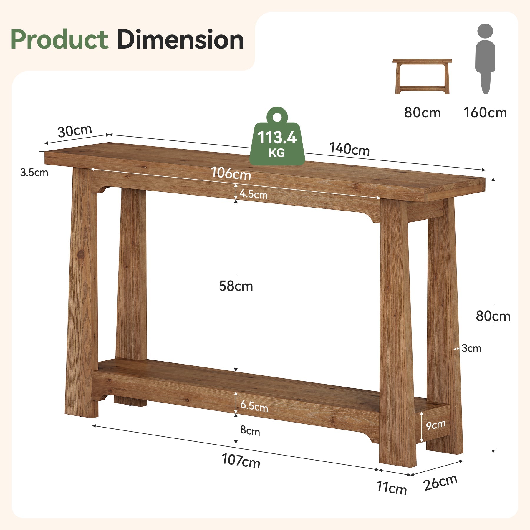 Tribesigns Massivholz Konsolentisch 140 cm mit Ablagefläche, schmaler Flurtisch aus Tannenholz