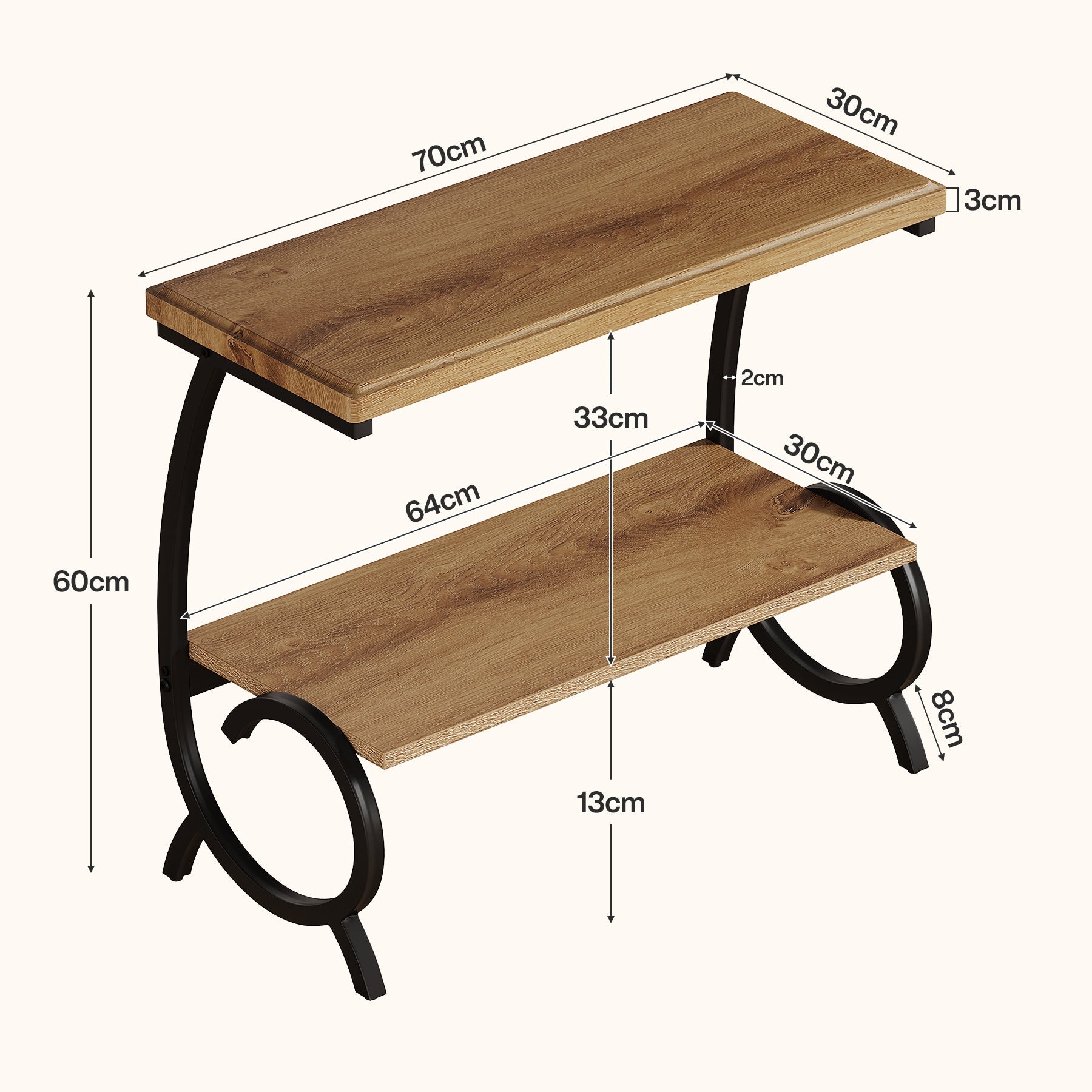 Tribesigns Table d'appoint étroite avec étagère, Table de chevet à 2 niveaux avec structure métallique en forme de J