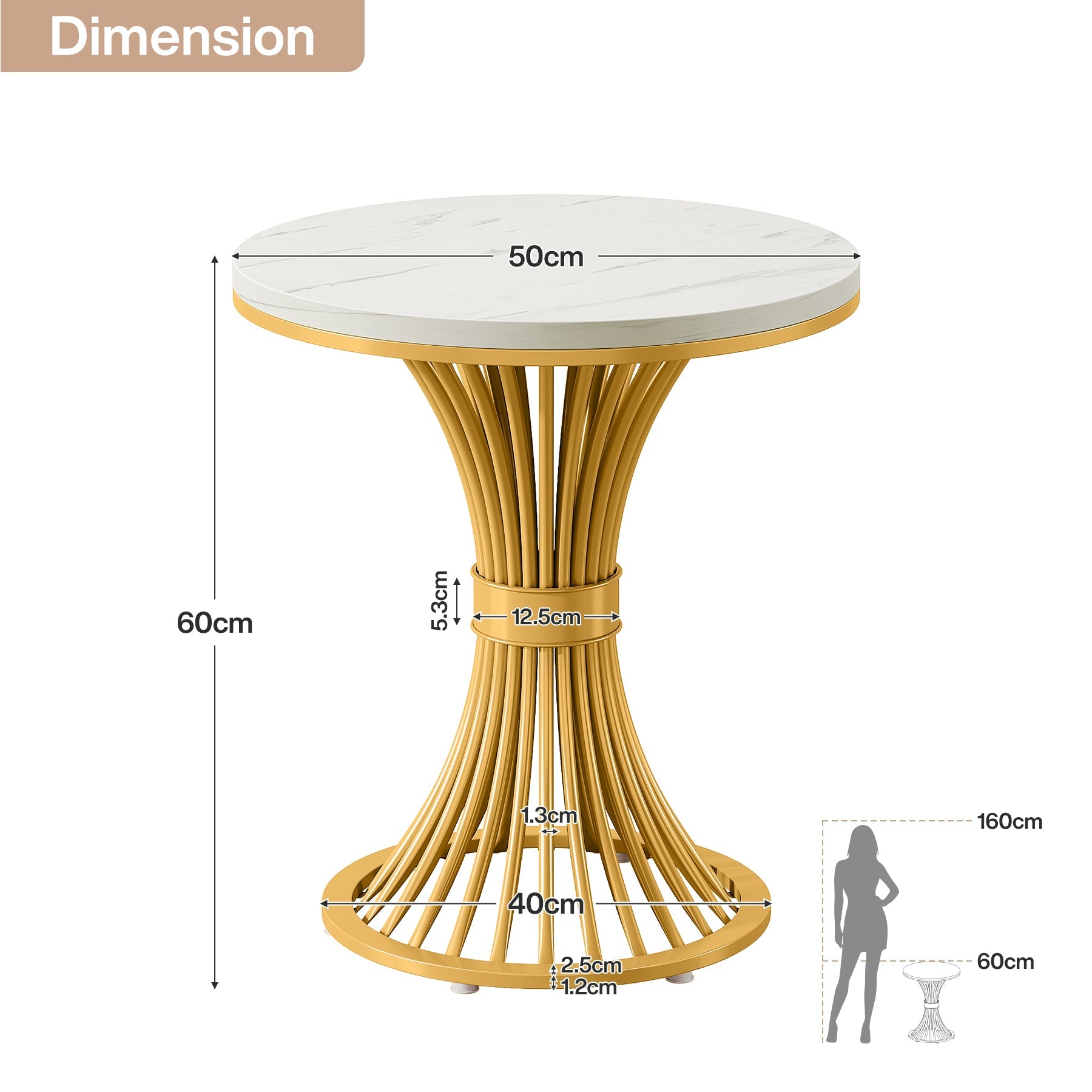 Tribesigns Table d'appoint ronde 51 cm avec plateau effet marbre, Table d'appoint blanche et piètement en métal doré