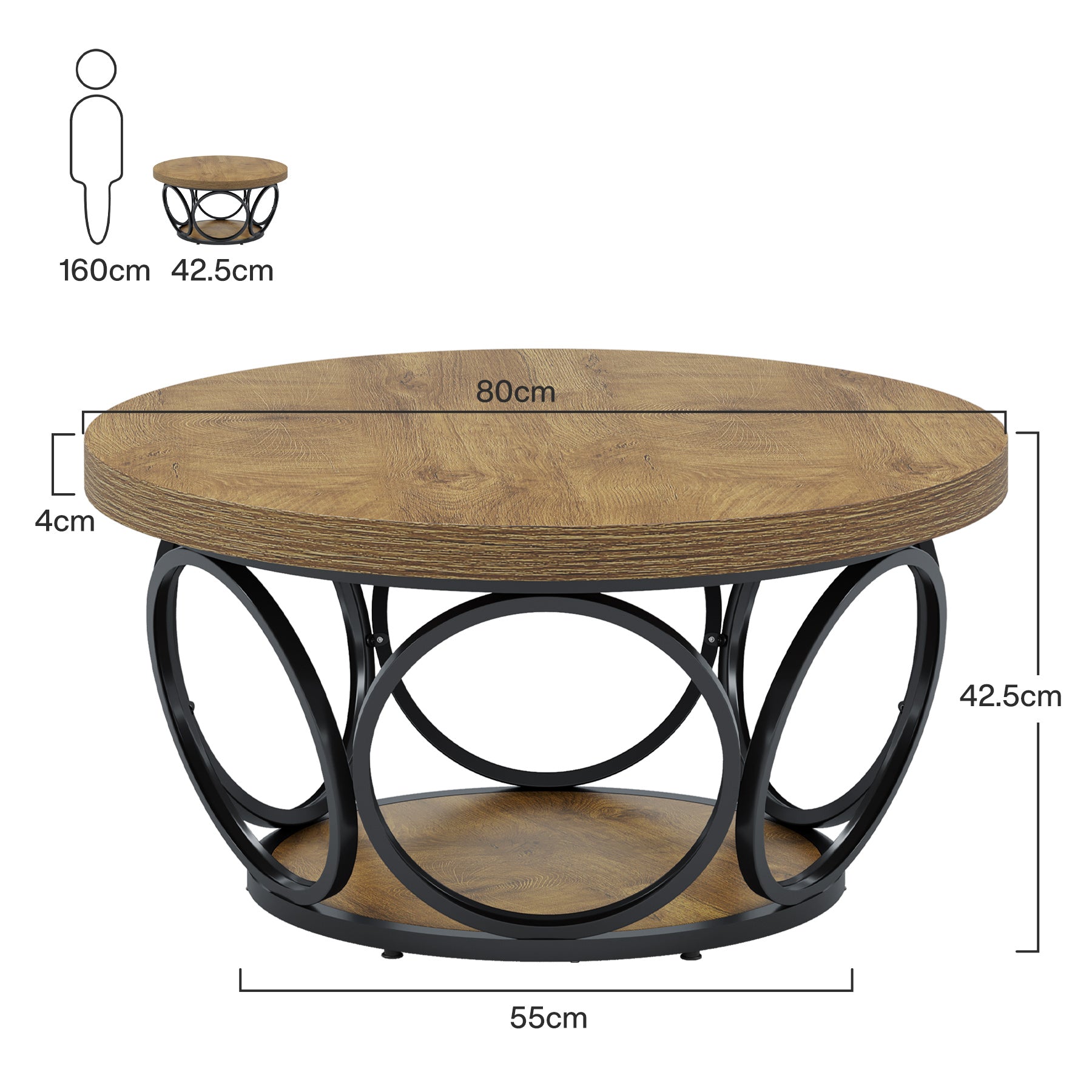 Tribesigns Table basse, Table centrale ronde avec 2 étagères de rangement