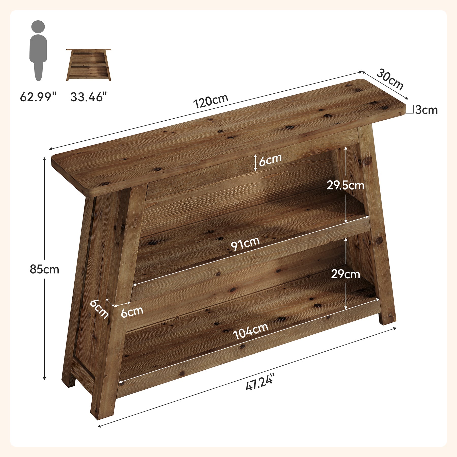 Tribesigns Console en bois massif de 120 cm, Table d'entrée à 3 niveaux de style champêtre avec étagères