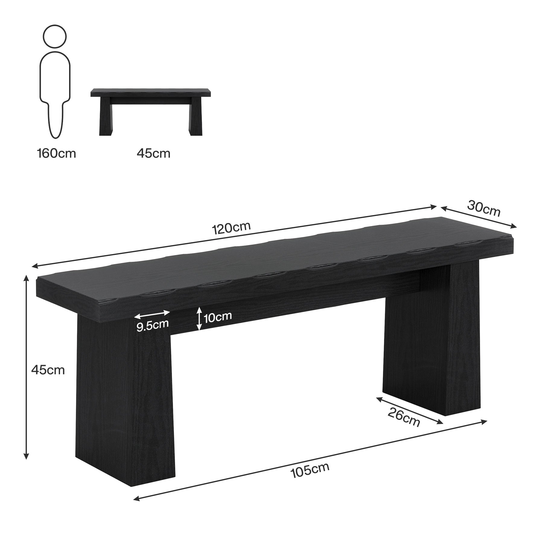 Banc noir de 120 cm, Banc en bois moderne, Banc de salle à manger polyvalent au design minimaliste
