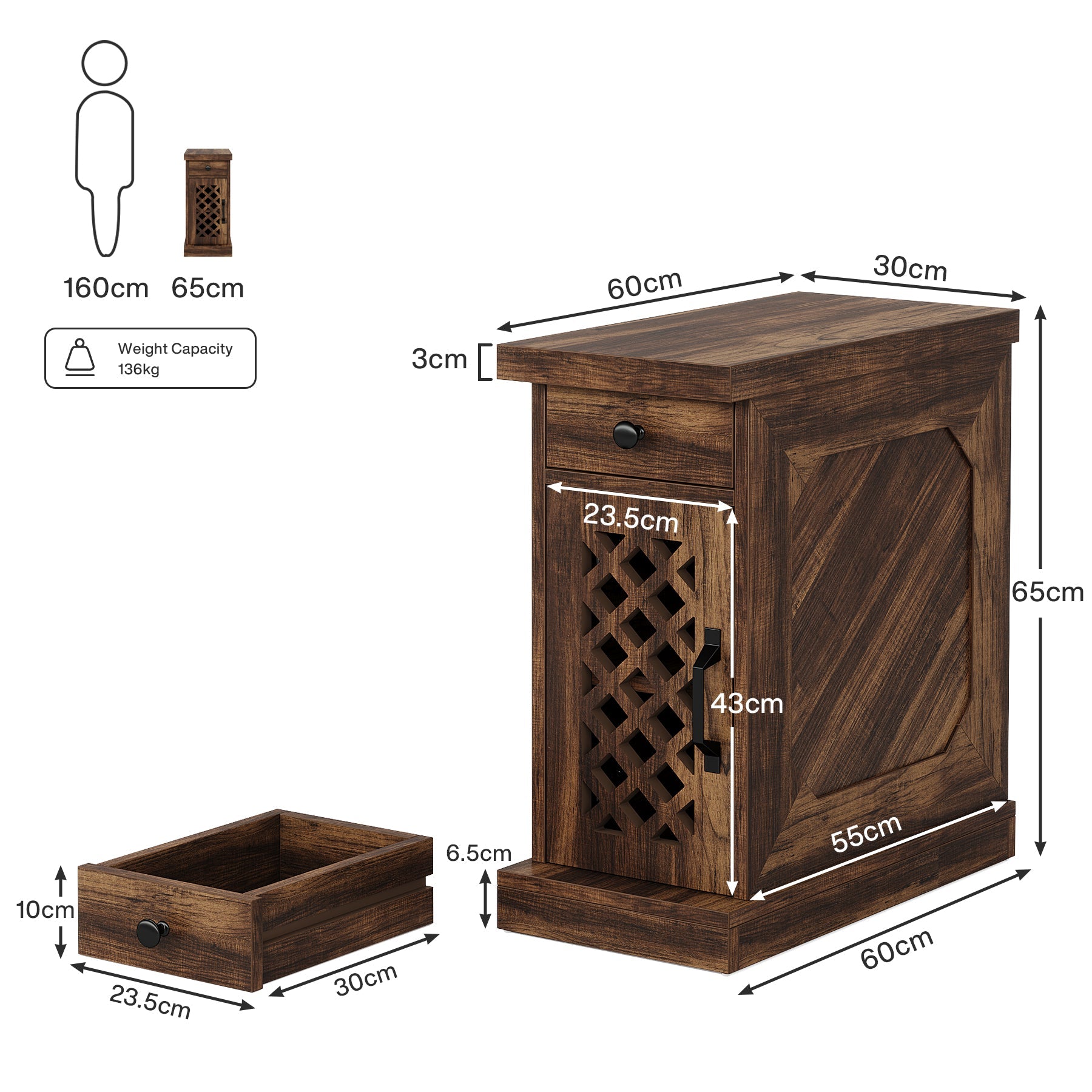 Tribesigns Table d'appoint de 65 cm, Table d'appoint étroite avec tiroir et placard