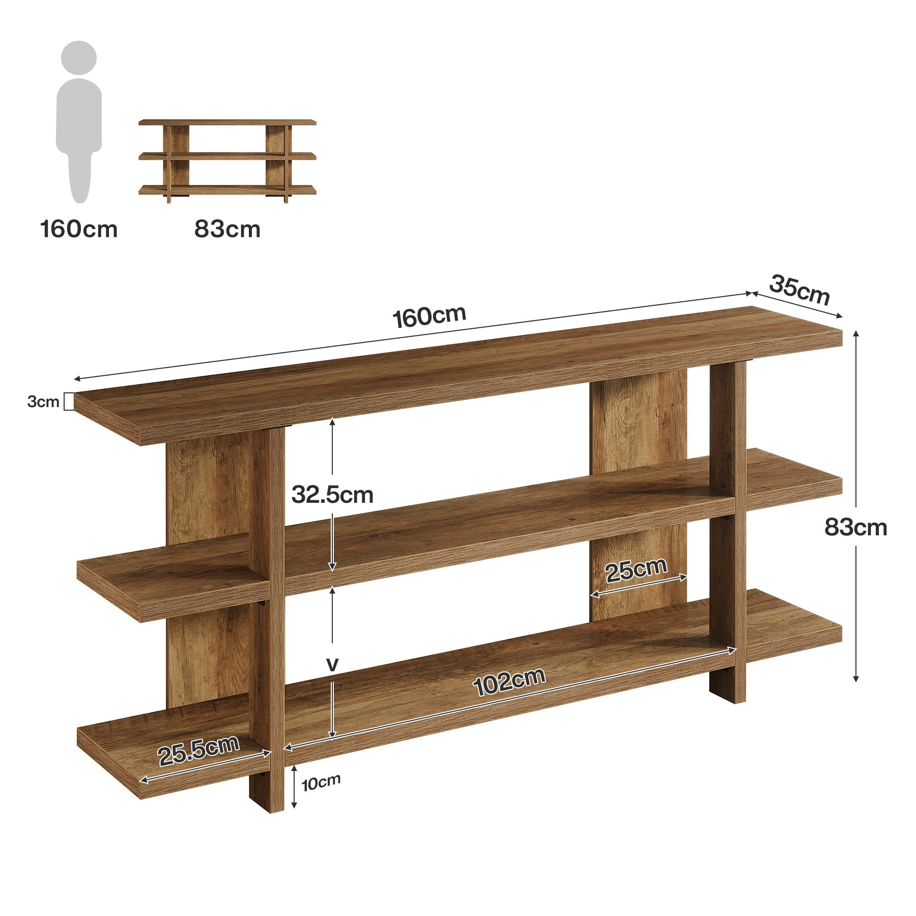 Tribesigns Console de 160 cm avec espace de rangement, Table d'entrée étroite en bois à 3 niveaux de style champêtre