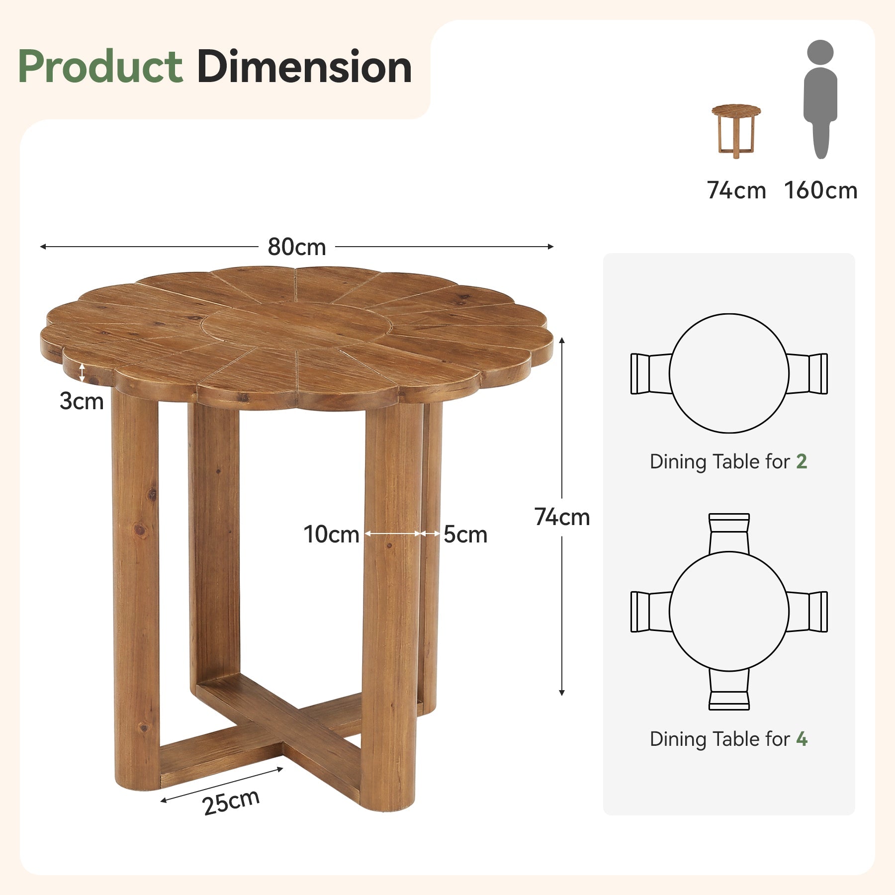 Table de salle à manger ronde en bois massif 80 cm pour 2 à 4 personnes, Style maison de campagne, avec motif floral sculpté
