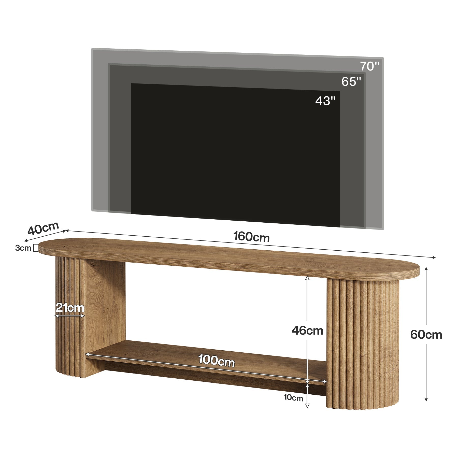 Tribesigns Meuble TV de 160 cm avec design côtelé et étagère de rangement, Meuble multimédia rustique pour salon et chambre