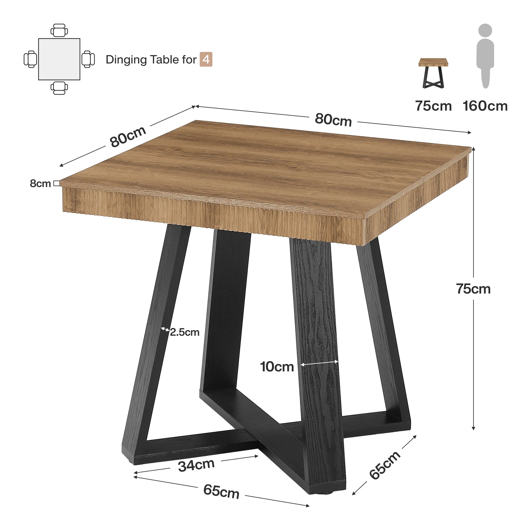 Tribesigns Petite table à manger carrée (80 x 80 cm) pour 2 à 4 personnes, Table de cuisine compacte avec piètement en X