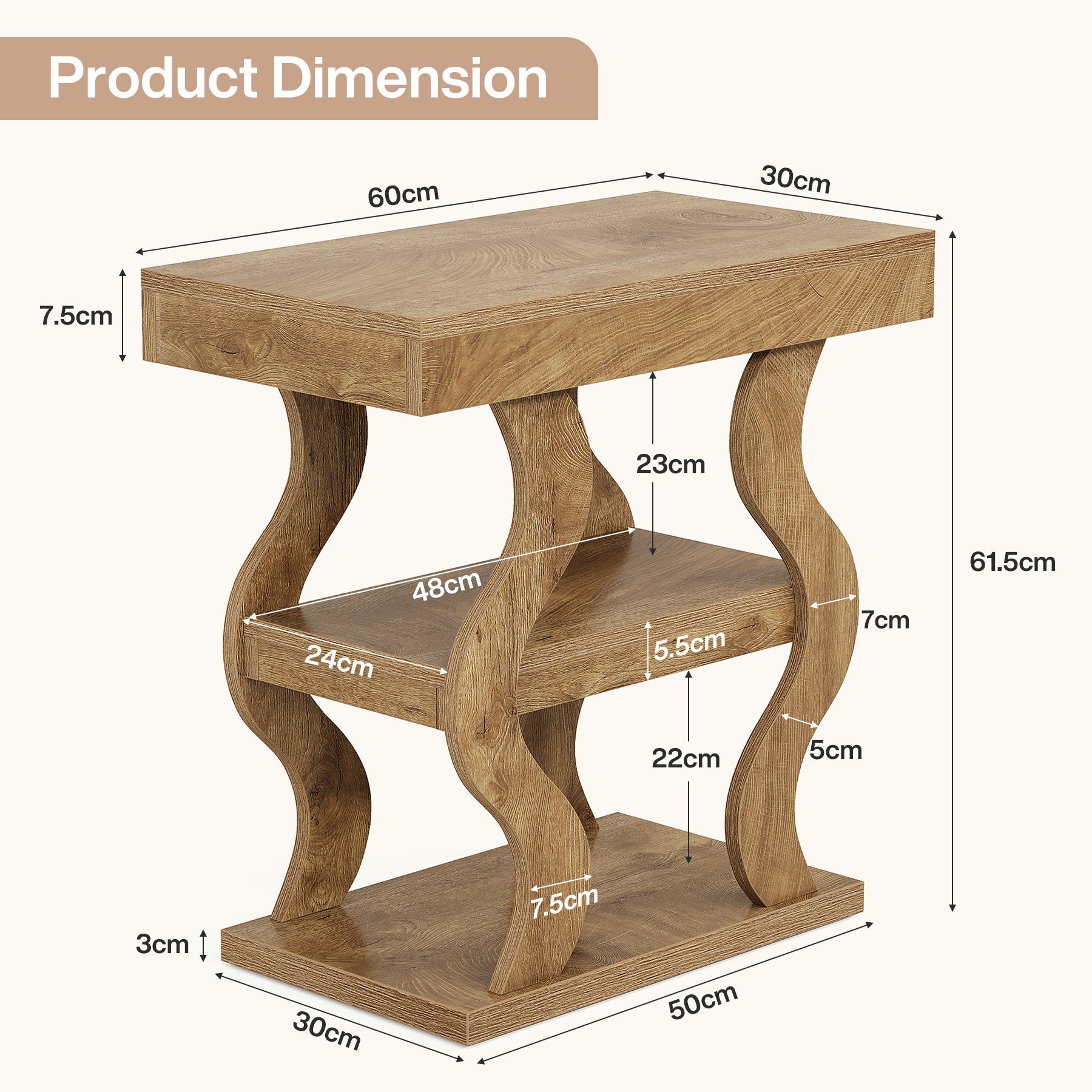 Tribesigns Table d'appoint style campagne 61 cm, Table de chevet étroite à 3 niveaux avec rangement