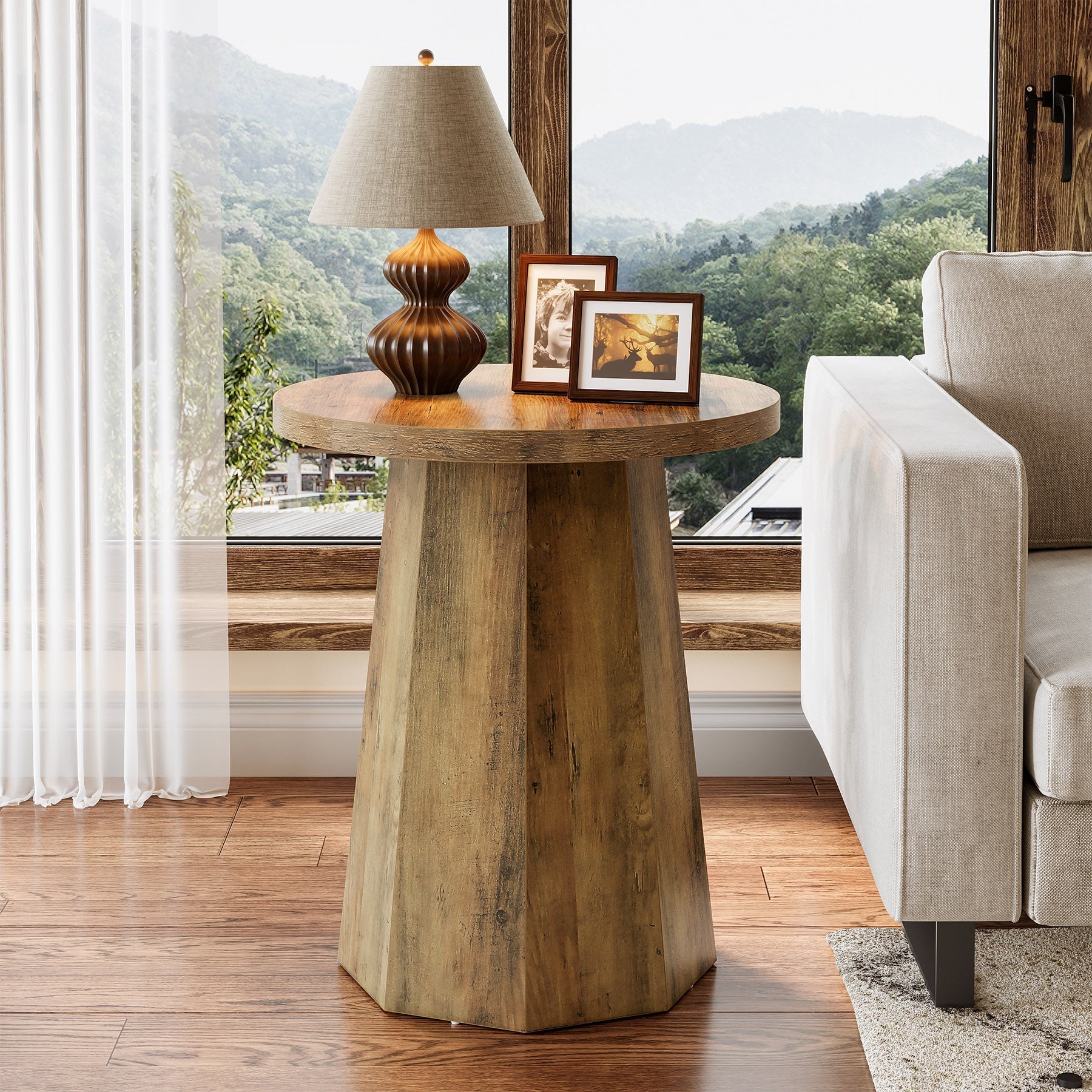 Tribesigns Table d'appoint ronde, Table basse en bois avec base octogonale