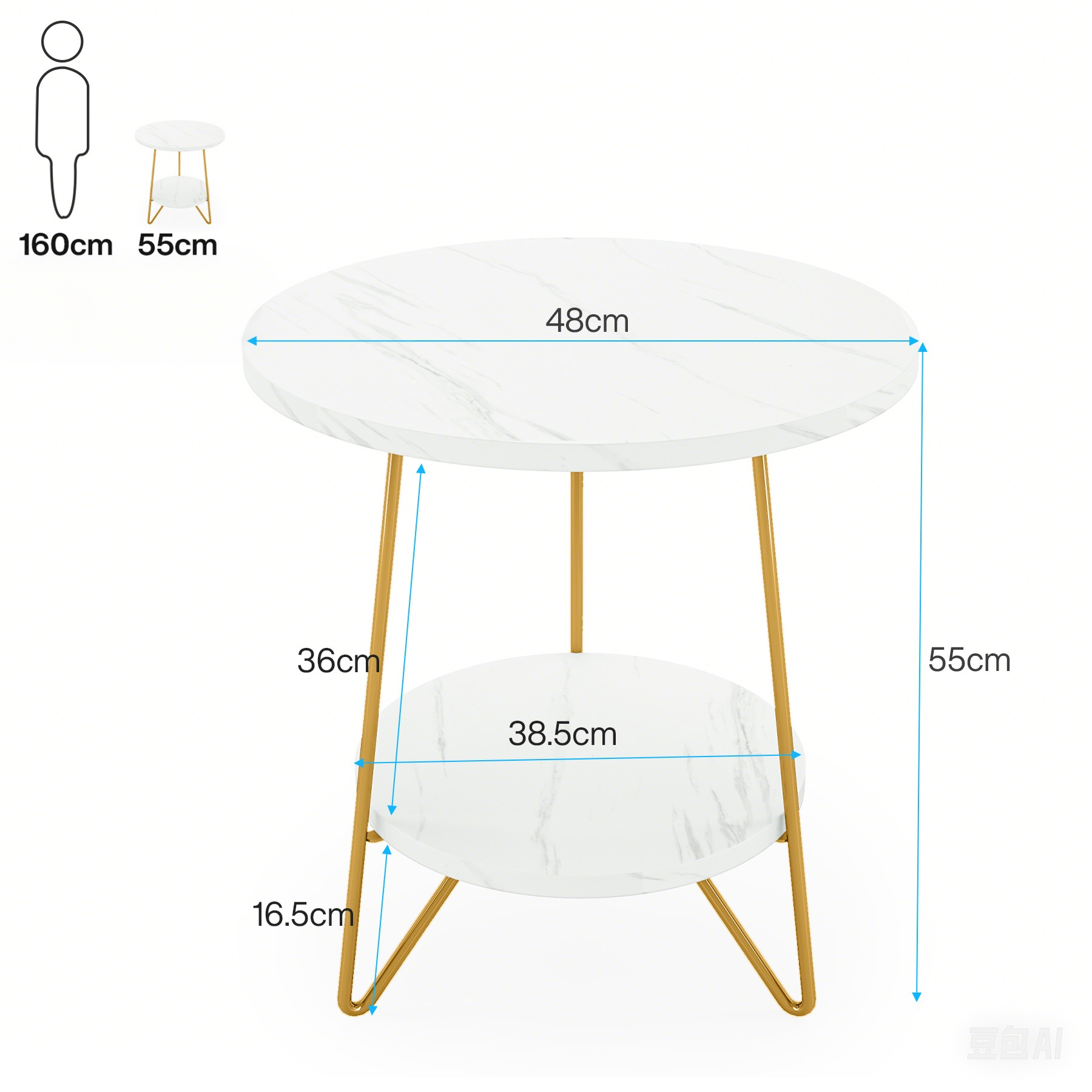 Tribesigns Table d'appoint en faux marbre, Table d'appoint ronde à 2 niveaux avec étagères Table de chevet dorée moderne