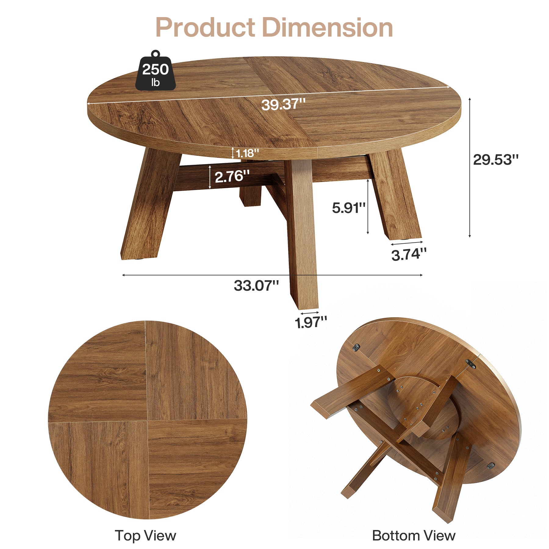 Tribesigns Table basse ronde de style moderne du milieu du siècle 100 cm avec traverses en bois