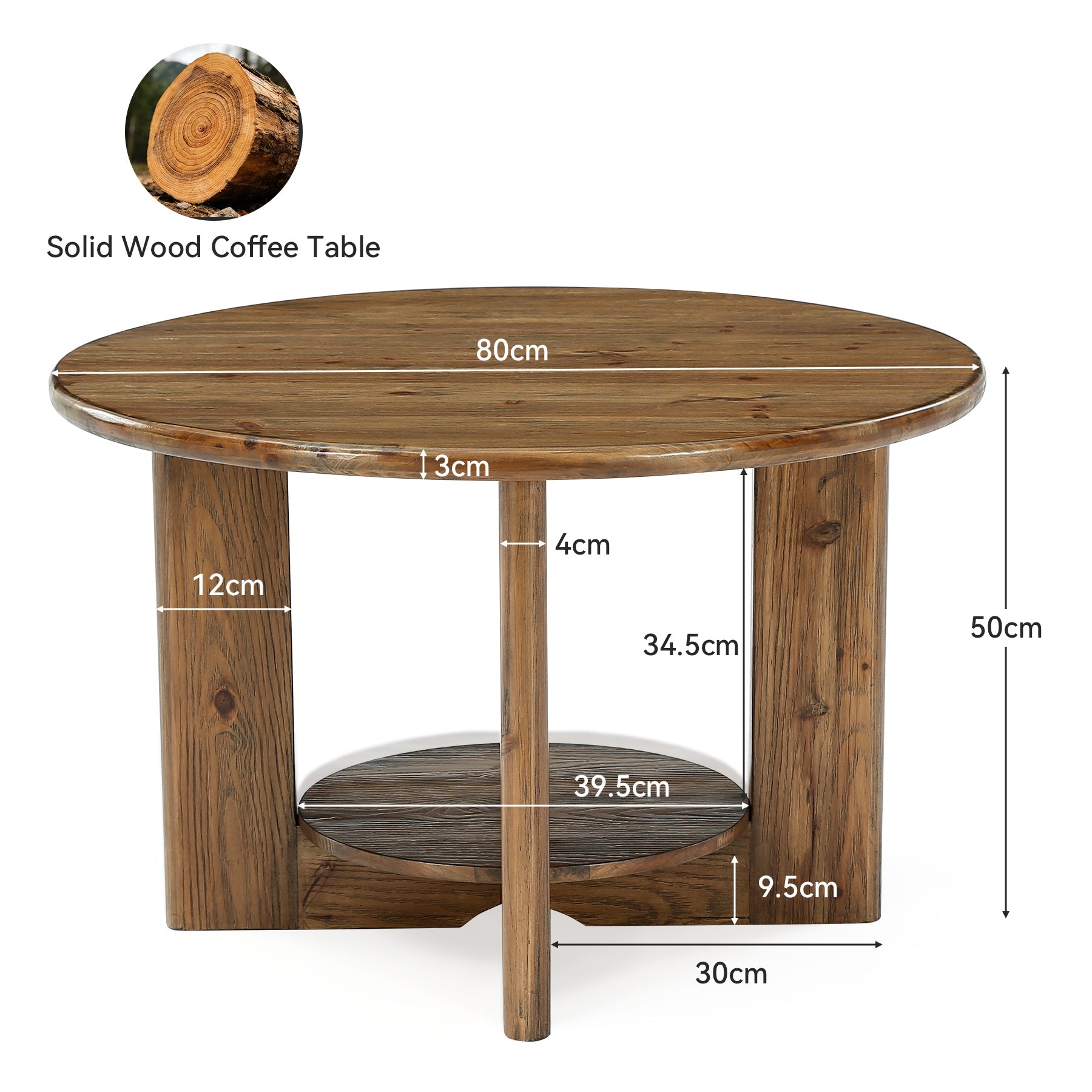 Tribesigns Table basse ronde en bois massif, Table de salon à 2 niveaux avec rangement