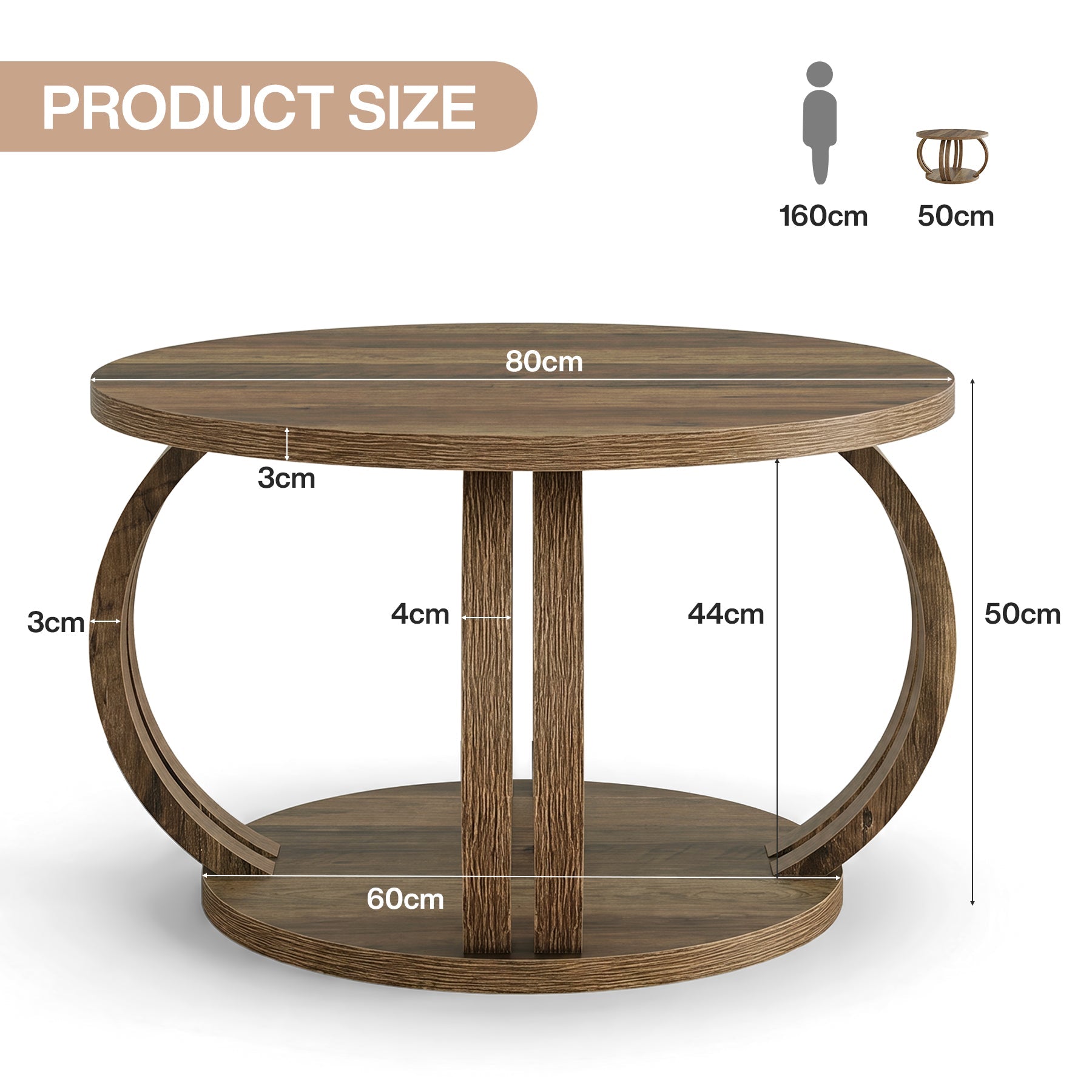 Tribesigns Runder Couchtisch 80 cm mit Ablage, Wohnzimmertisch mit skulpturalem Säulenfuß