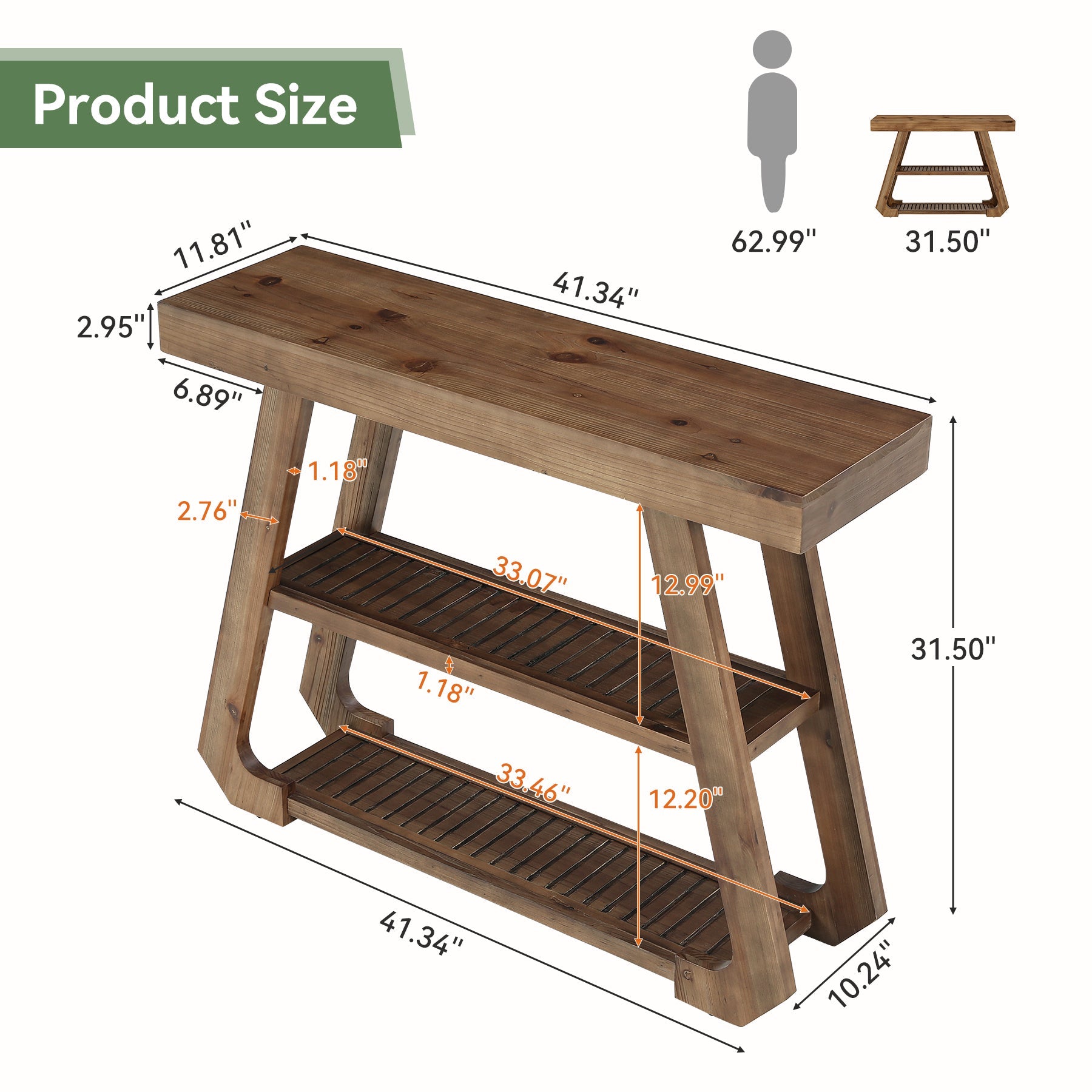 Tribesigns Console en bois massif de 105 cm avec 3 étagères, Style campagnard avec piètement en A