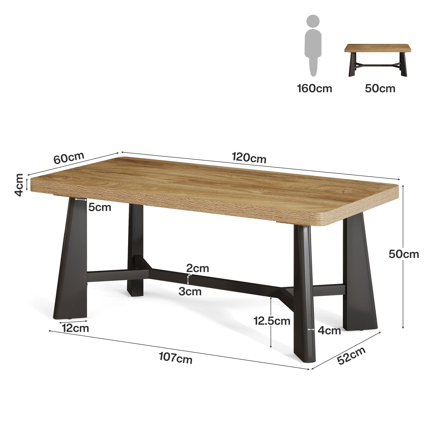 Tribesigns Table basse 120 × 60 cm, Table rectangulaire de salon avec piètement en métal