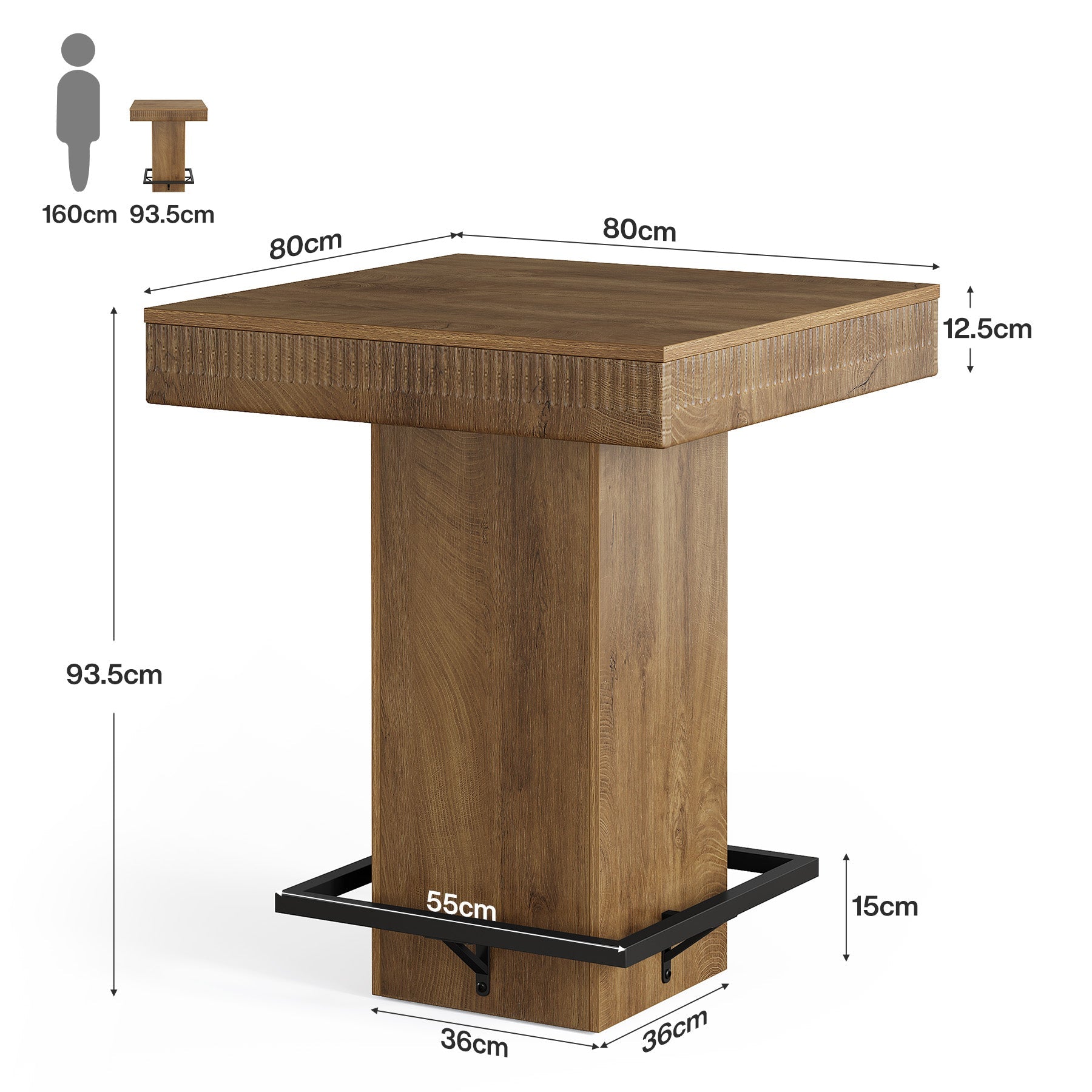 Tribesigns Table de bar carrée de 80 cm avec plateau en bois et piètement en métal, Table haute de style bistro industriel