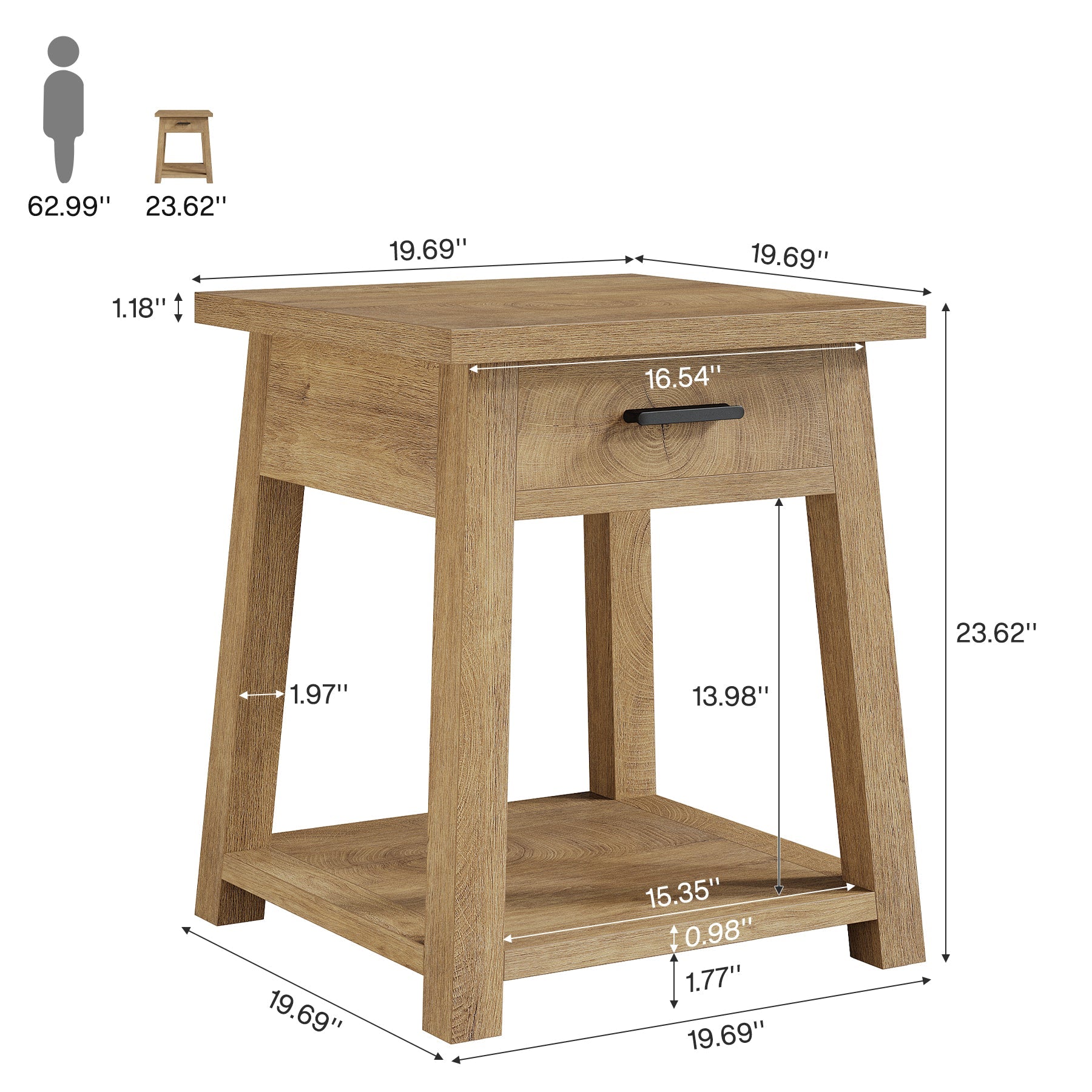 Table de chevet avec tiroir et étagère, Table d'appoint de style champêtre pour chambre et salon