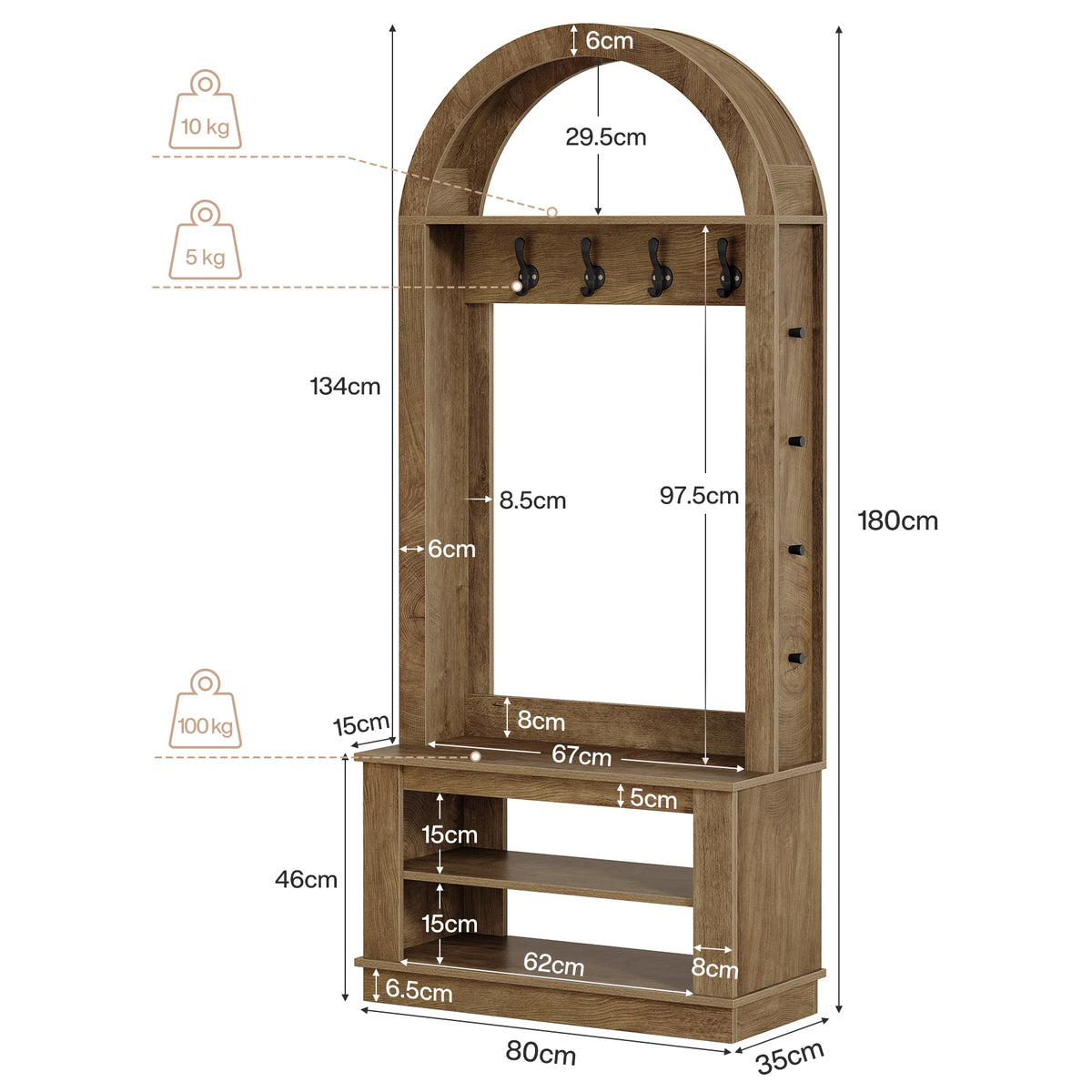 Tribesigns Meuble d'entrée avec banc porte-chaussures et 12 patères (80 x 35 x 180 cm) Design style maison de campagne avec finition texturée