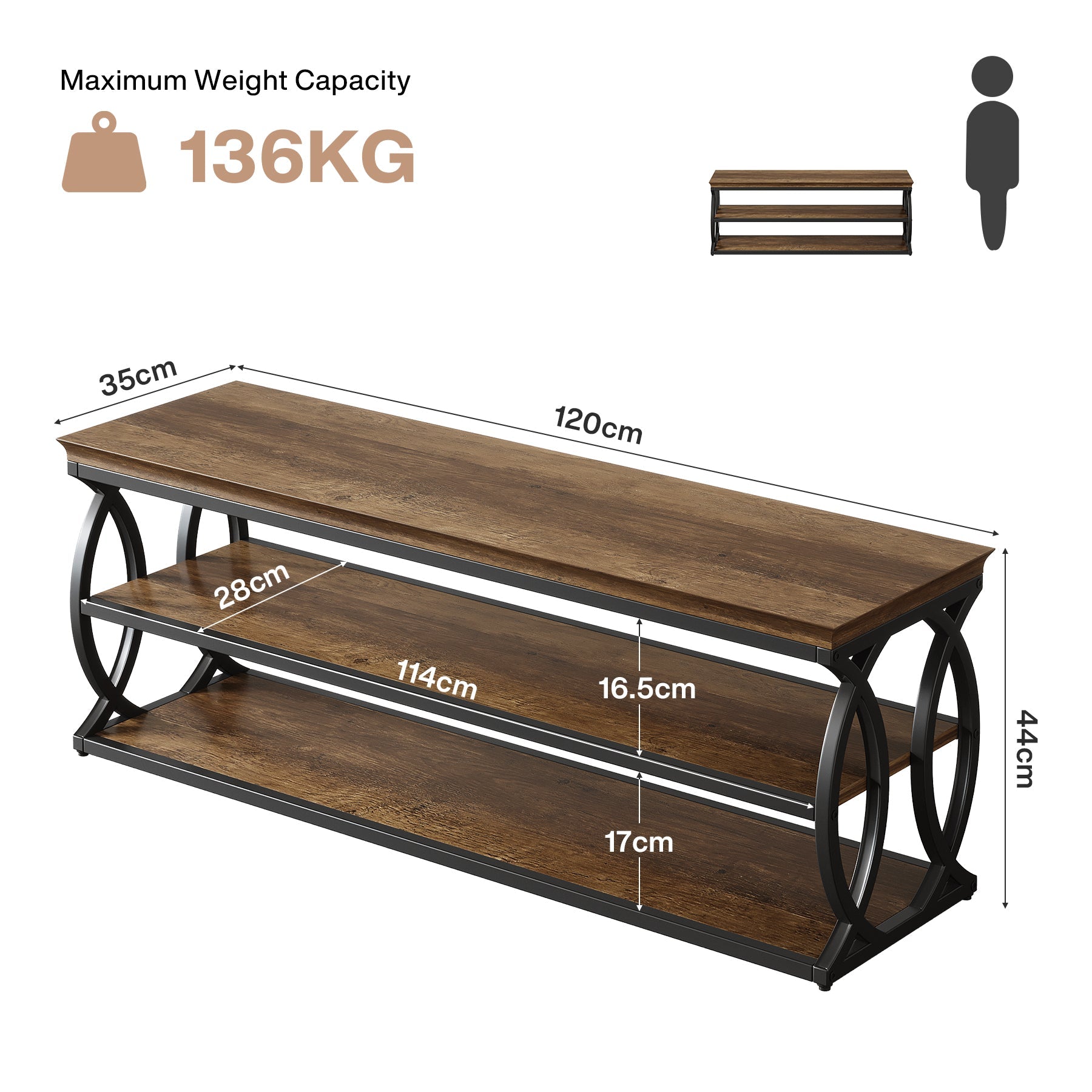 Banc à chaussures avec rangement (120 cm), Meuble à chaussures 3 niveaux avec assise (style industriel et ferme)