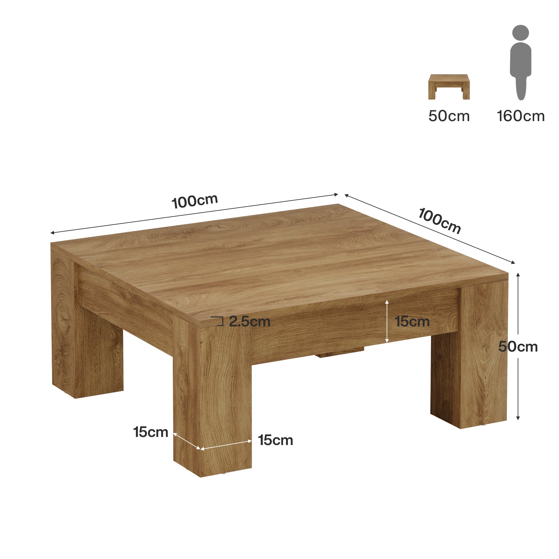 Tribesigns Table basse carrée de 100 cm, Table basse de style campagnard en bois avec pieds robustes