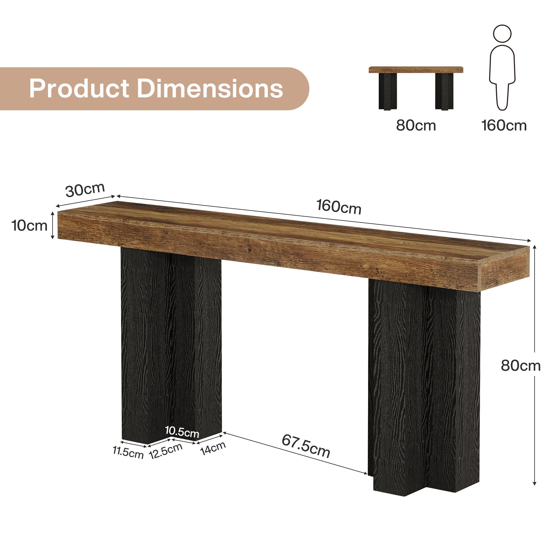 Tribesigns Console de style maison de campagne de 160 cm, Table d'entrée marron avec pieds robustes pour le salon et l'entrée
