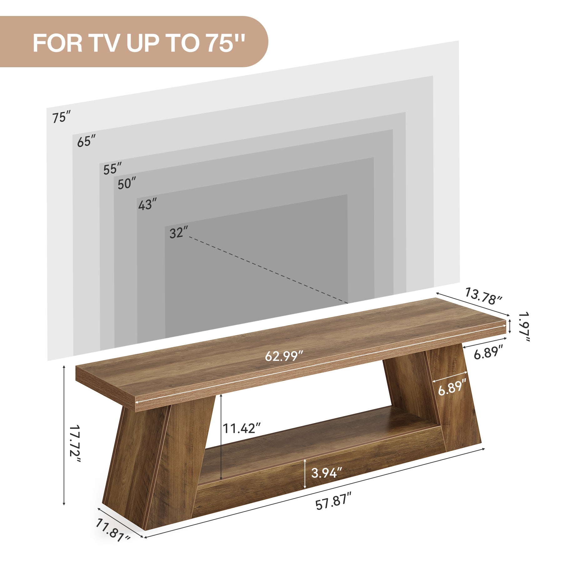 Tribesigns Meuble TV bas 160 cm pour téléviseurs style rustique avec étagères ouvertes