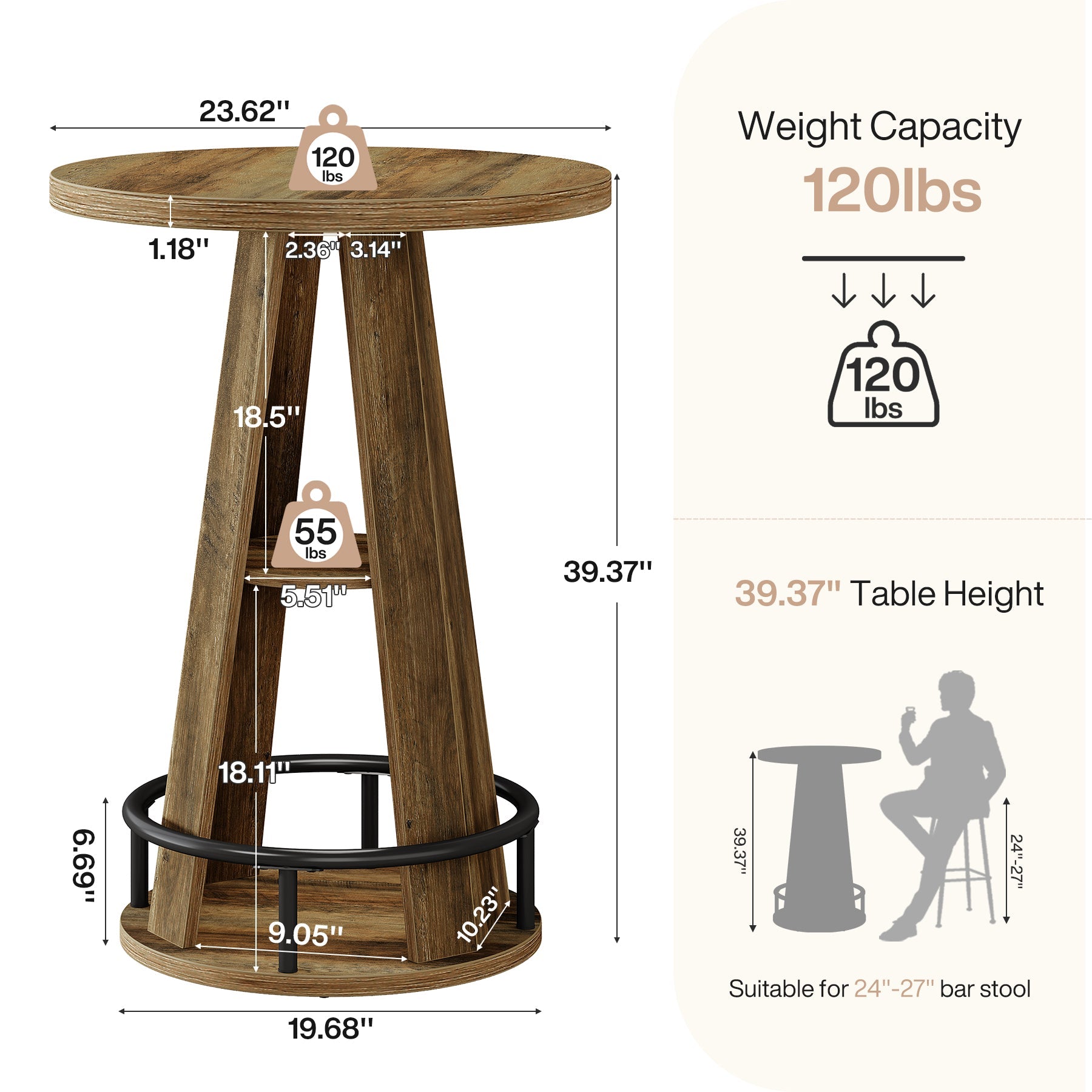 Tribesigns Table de bar ronde de 100 cm avec rangement, Table bistro industrielle pour salon, bar, petits espaces