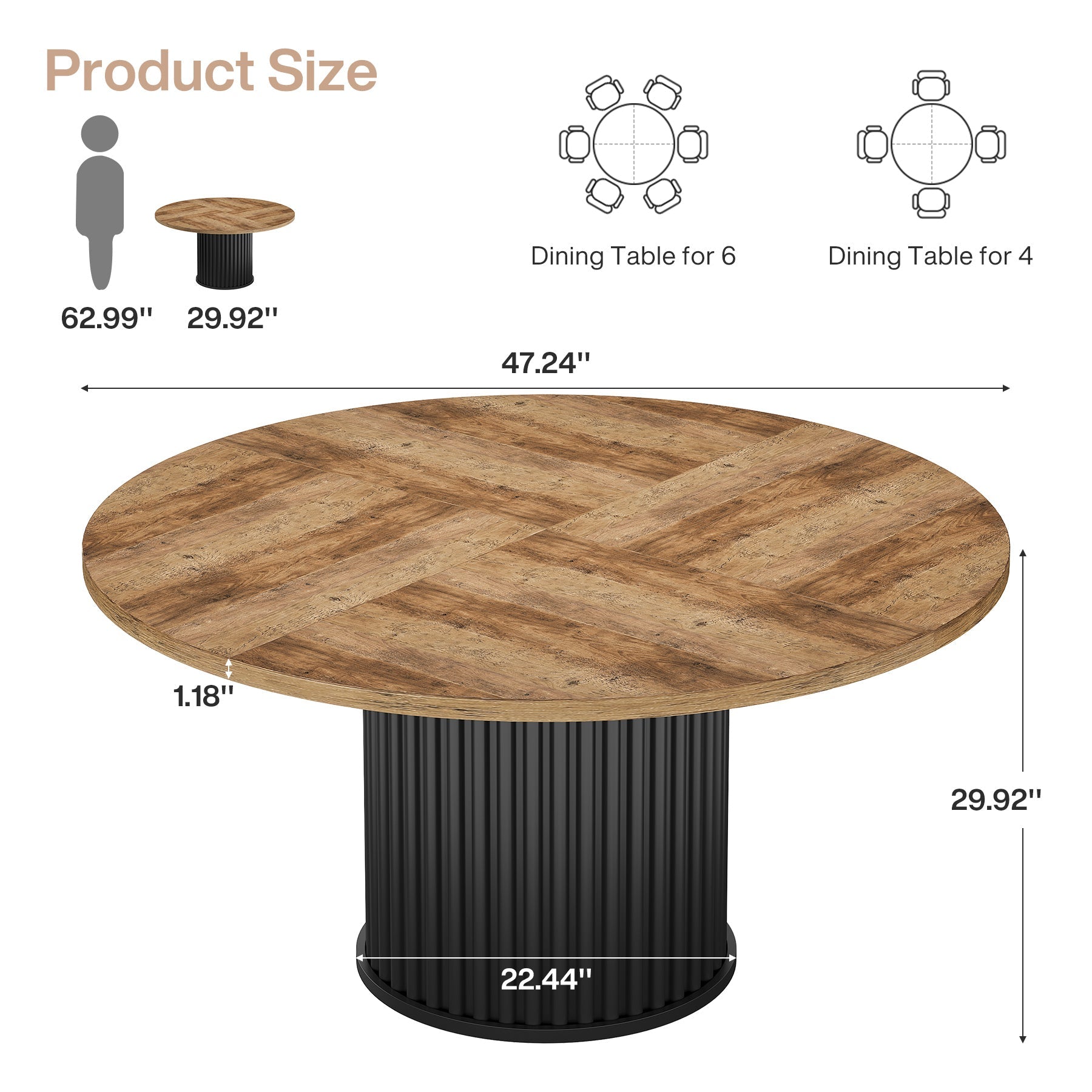 Tribesigns Table de salle à manger ronde noire de 120 cm pour 4 à 6 personnes, Table de cuisine moderne avec piètement en métal