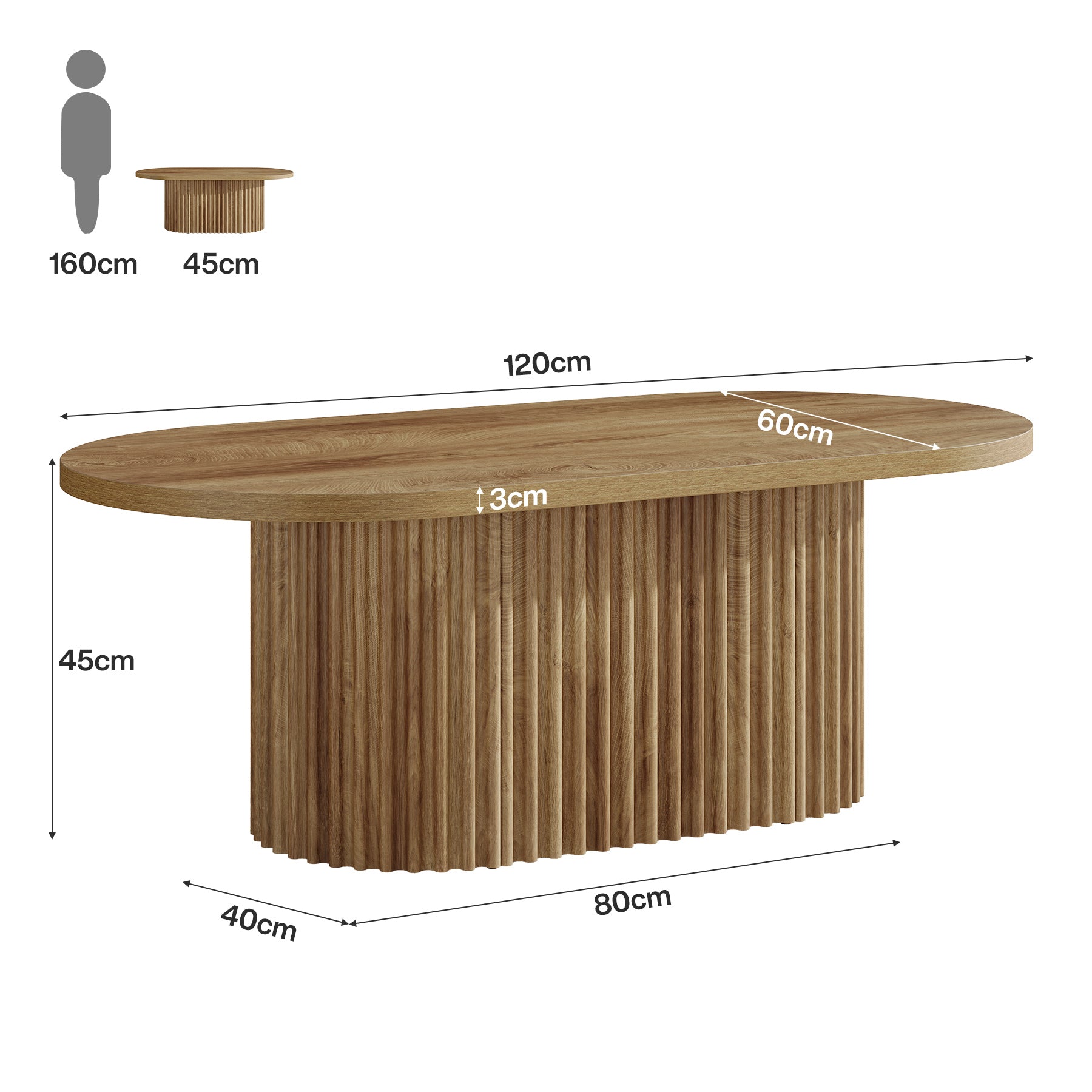 Tribesigns Table basse ovale, Table d'appoint en bois de style champêtre avec motif côtelé pour le salon