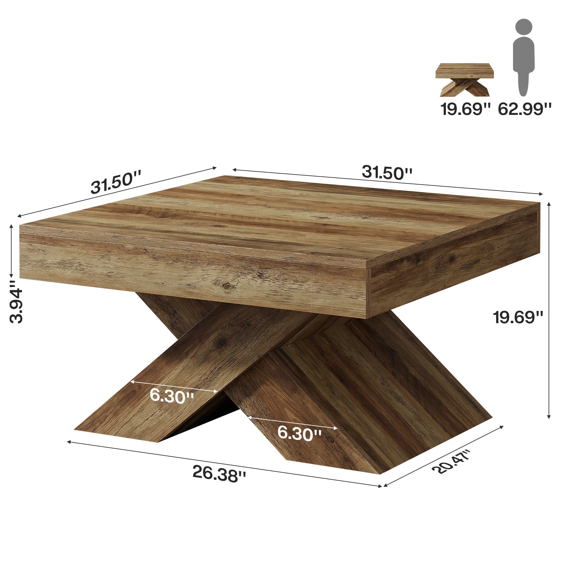 Table basse carrée 80 x 80 cm, Table de ferme en bois avec piètement en X pour salon et petits espaces