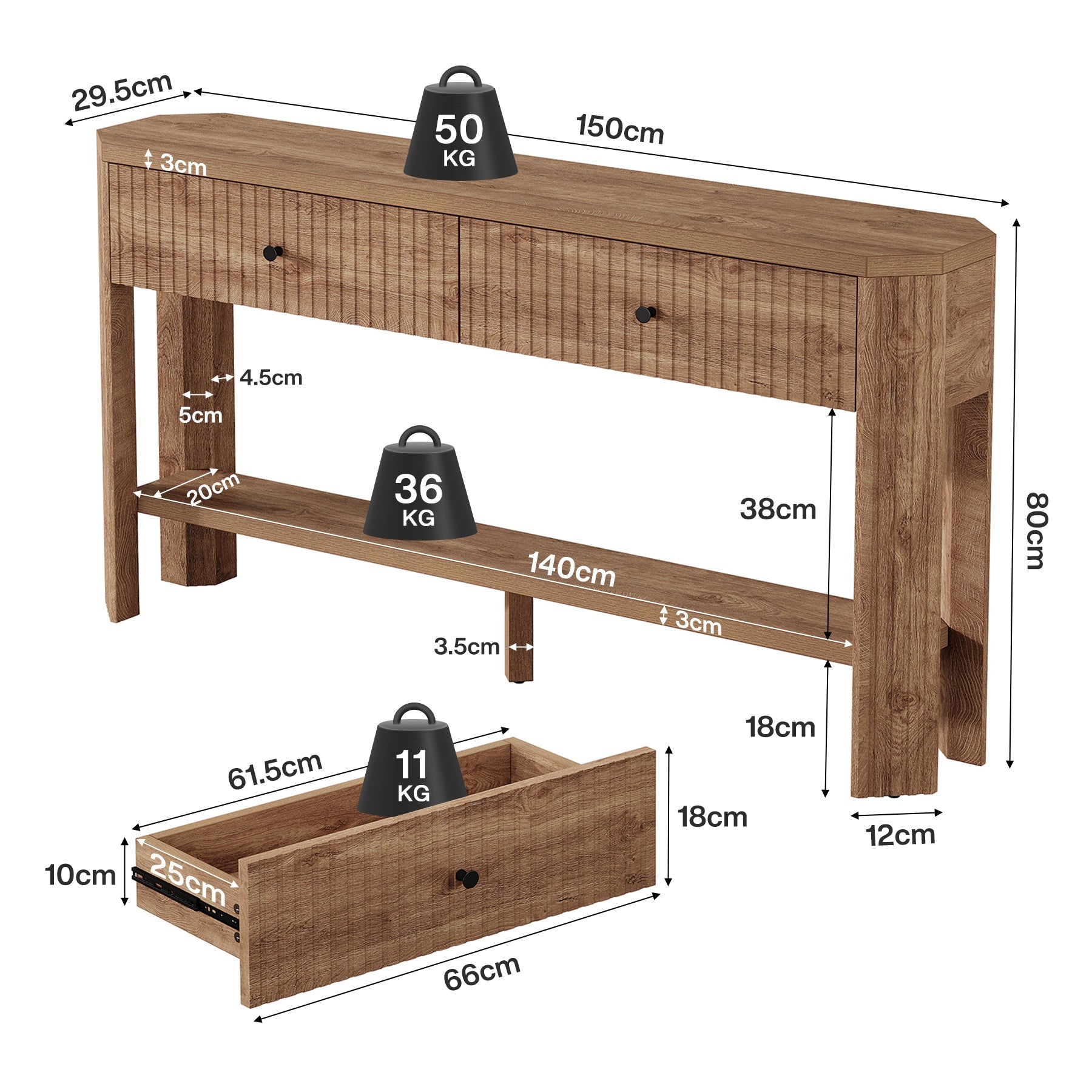 Console de 150 cm avec 2 tiroirs, Table d'entrée étroite et moderne avec étagère et rangement