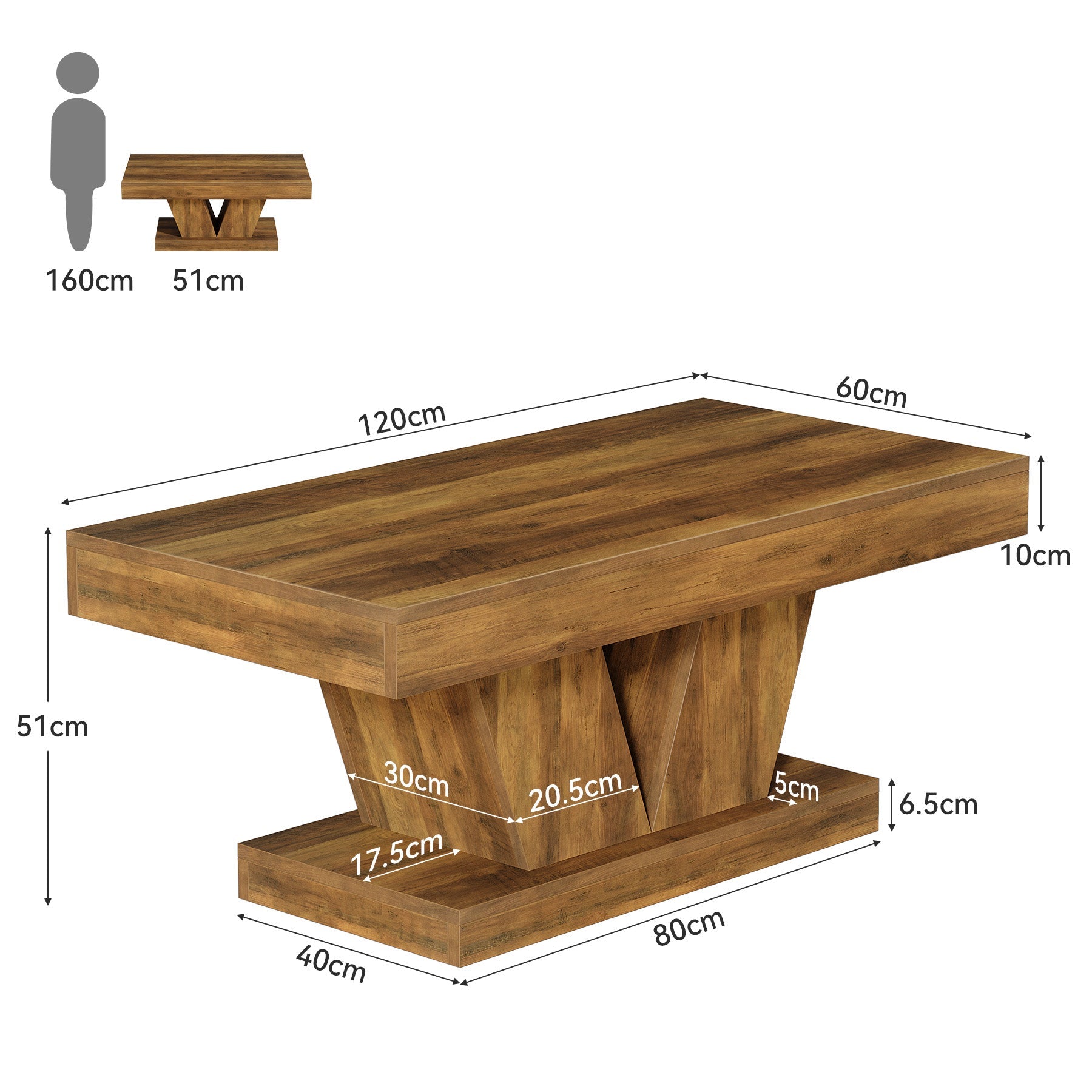 Tribesigns Table basse rectangulaire de 120 cm de long style mid-century, Table de salon aspect bois avec piètement massif et base en V
