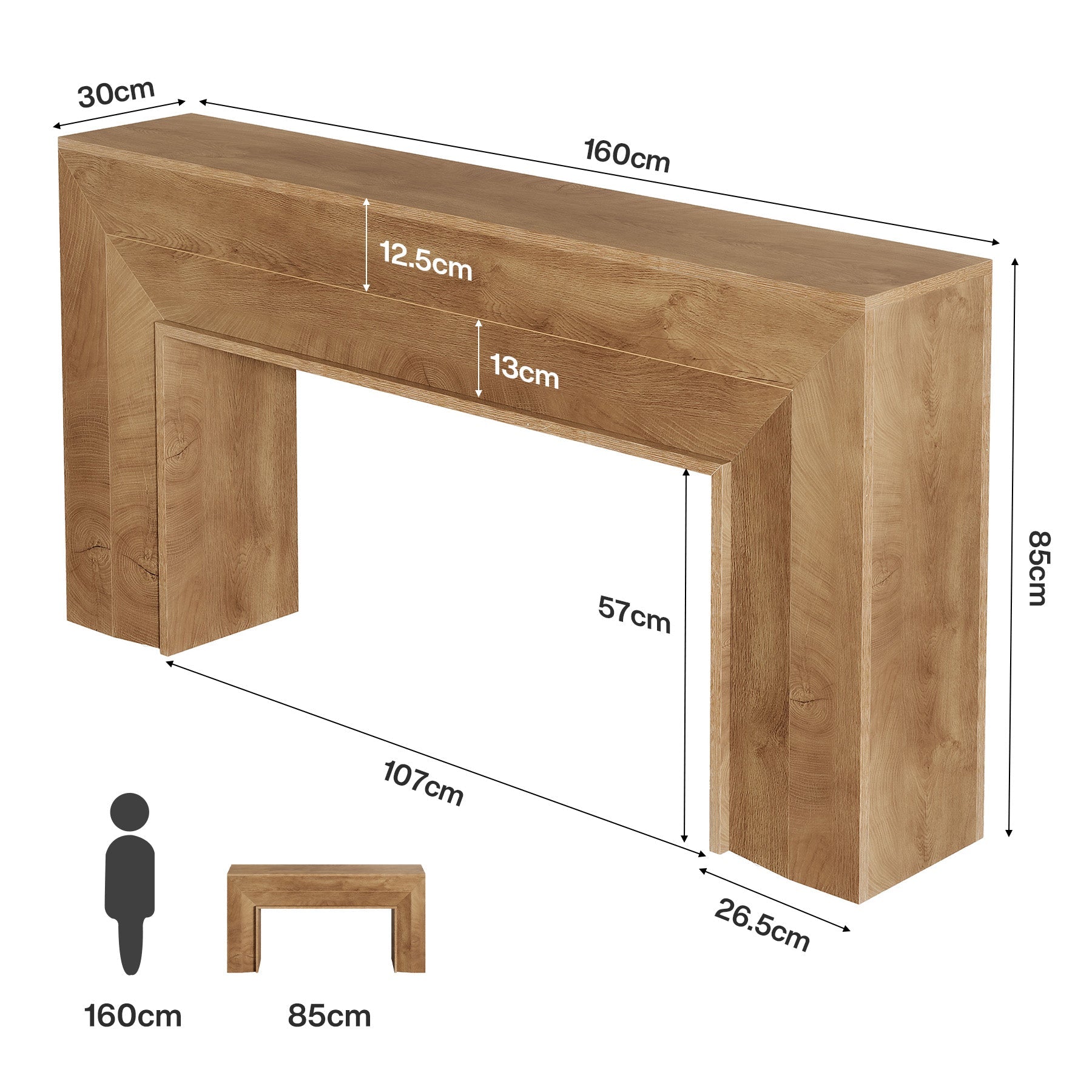 Console longue de 160 cm au profil étroit, Table d'entrée rustique pour le salon et le hall d'entrée