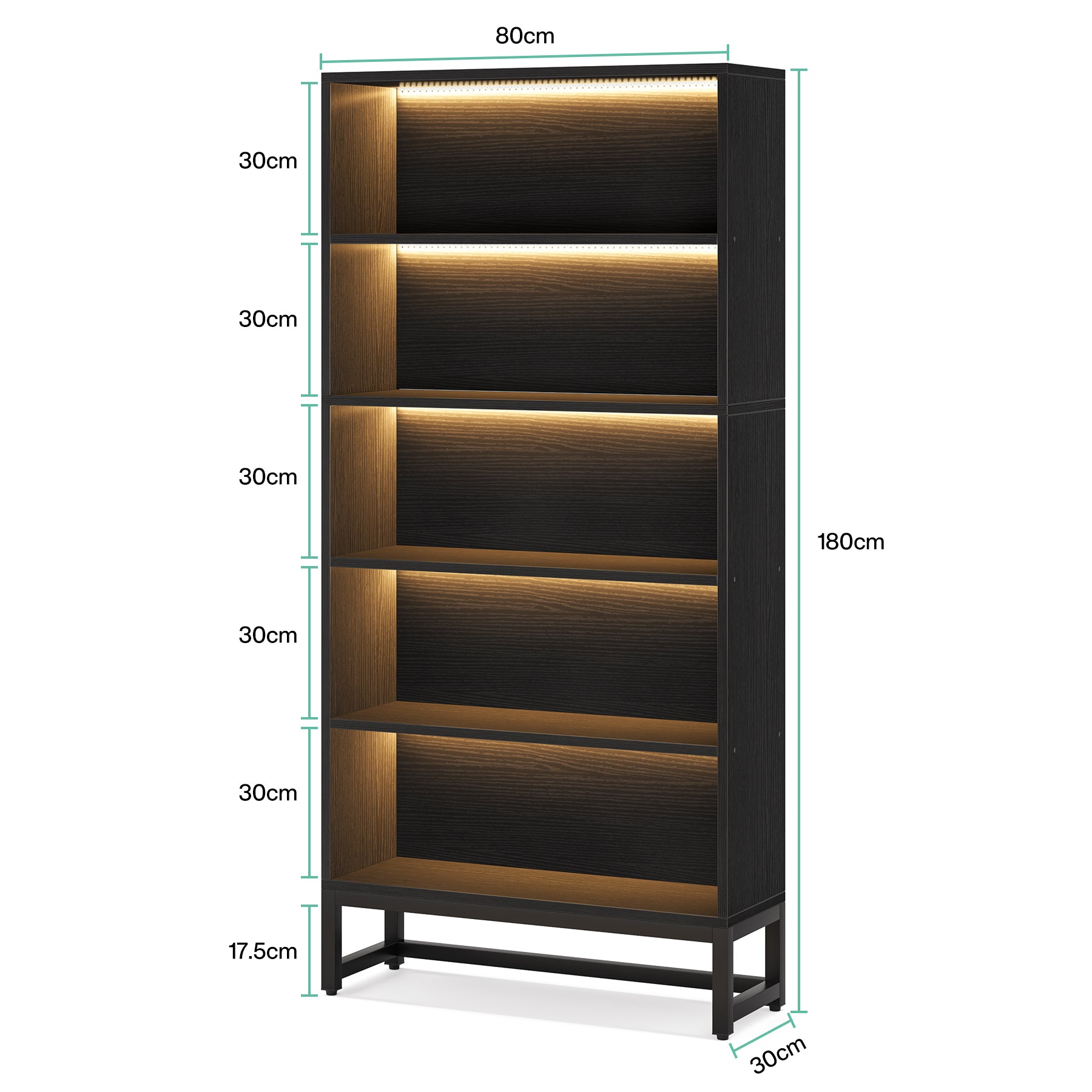 Tribesigns Bibliothèque de 180 cm de haut avec éclairage LED noire à 5 niveaux de rangement