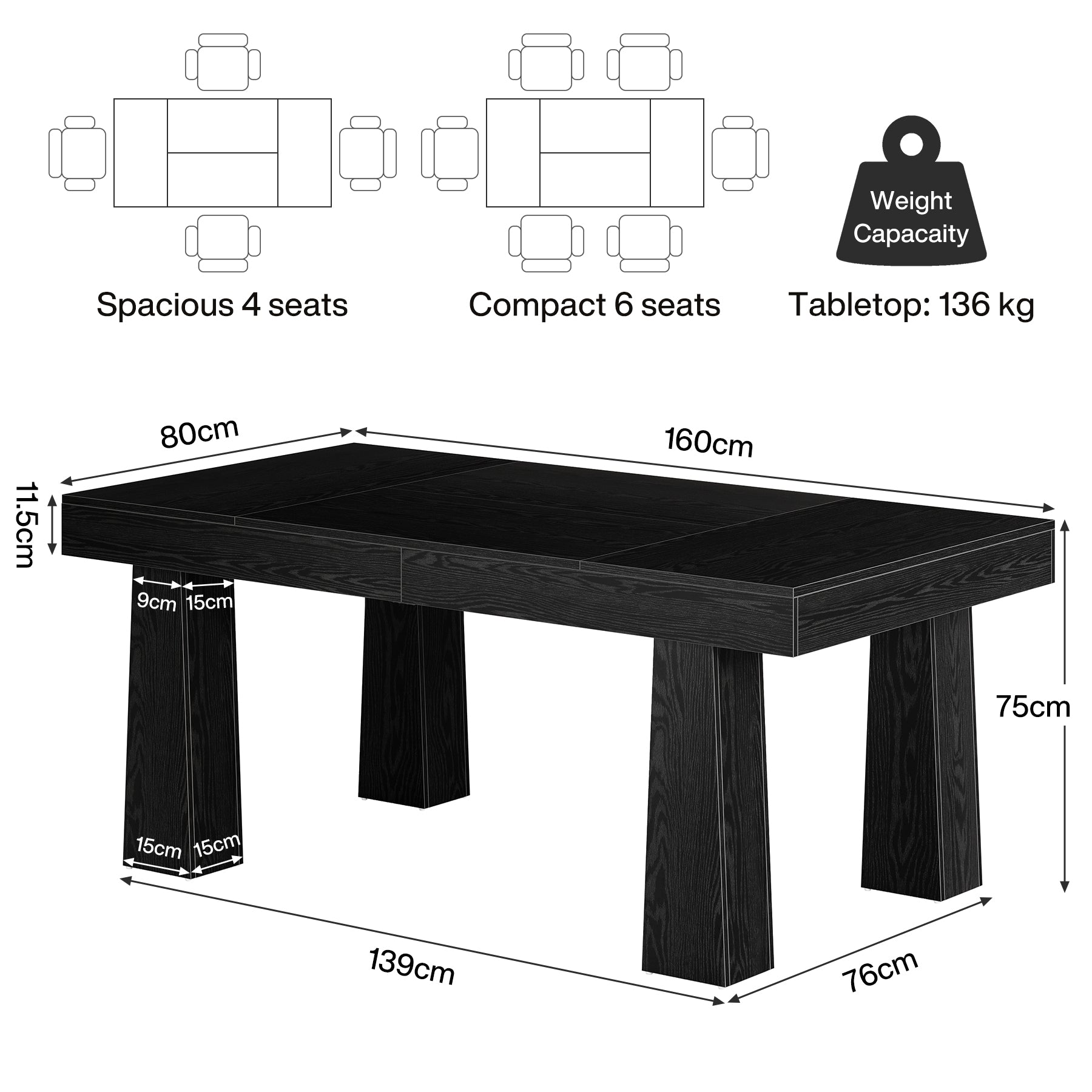 Tribesigns Table de conférence de 160 cm, Table de réunion de style industriel moderne avec 4 pieds fuselés en noir