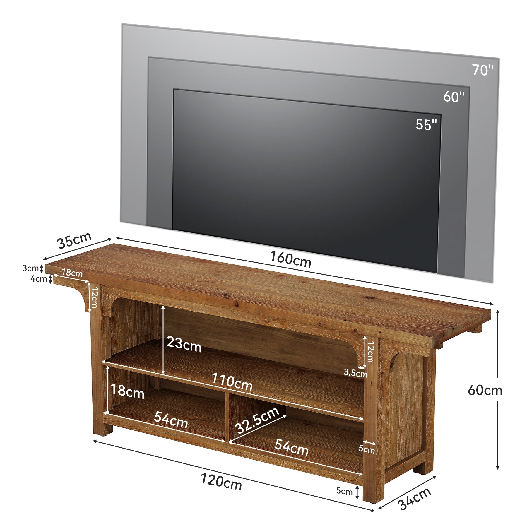 Tribesigns Meuble TV bas en bois massif de 160 cm pour téléviseurs de 55 à 70 pouces avec 3 compartiments ouverts