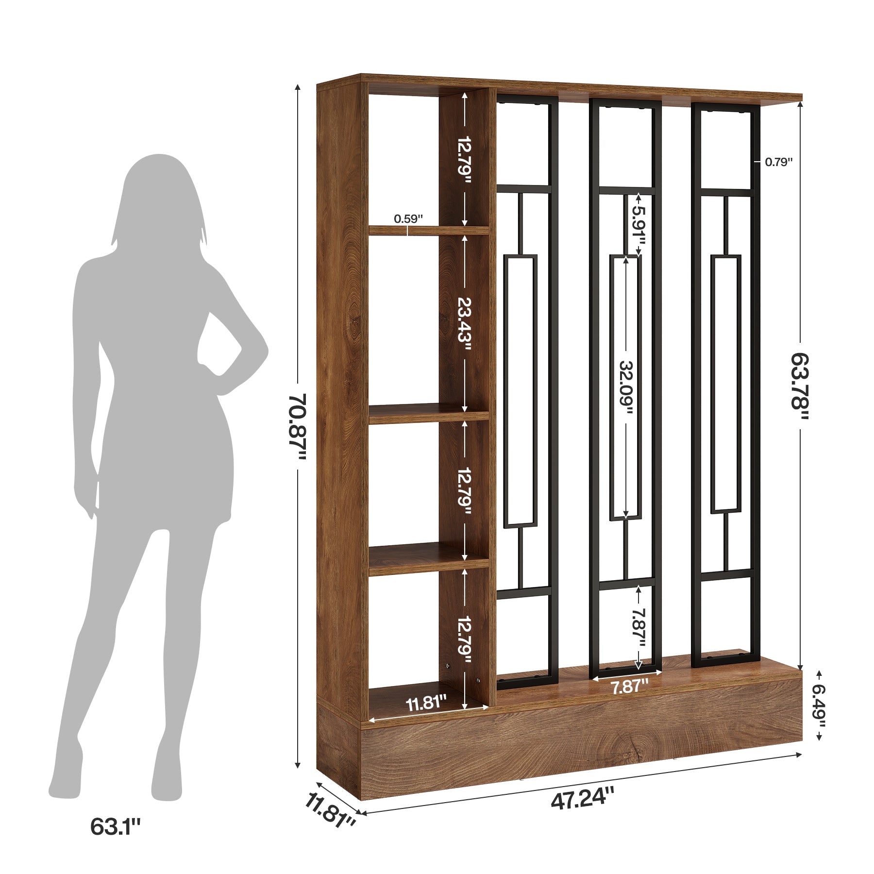 Paravent autoportant de 120 cm en bois et métal, Écran d'intimité avec étagères
