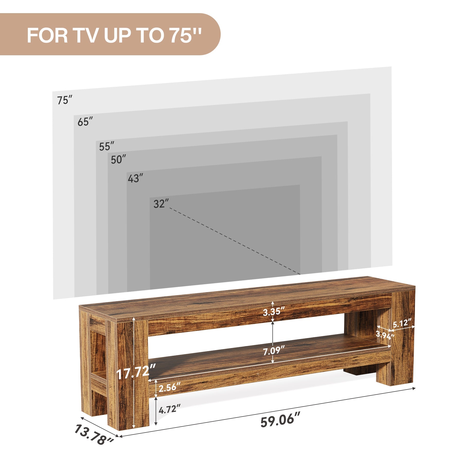 Tribesigns Meuble TV bas 150 cm pour téléviseurs Style rustique avec étagère