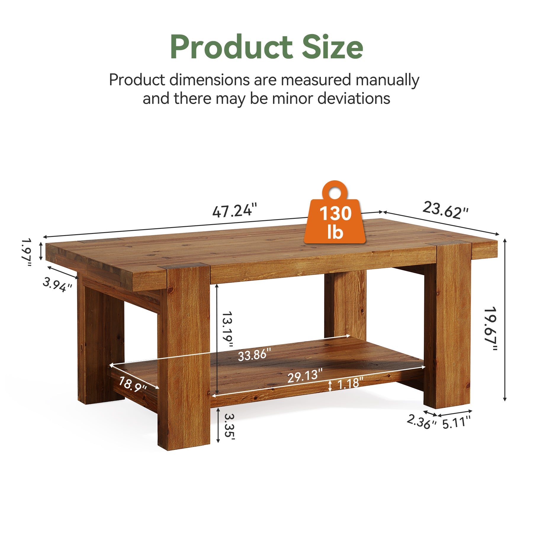 Tribesigns Massivholz Couchtisch 120 cm, Rechteckiger Wohnzimmertisch mit Ablage